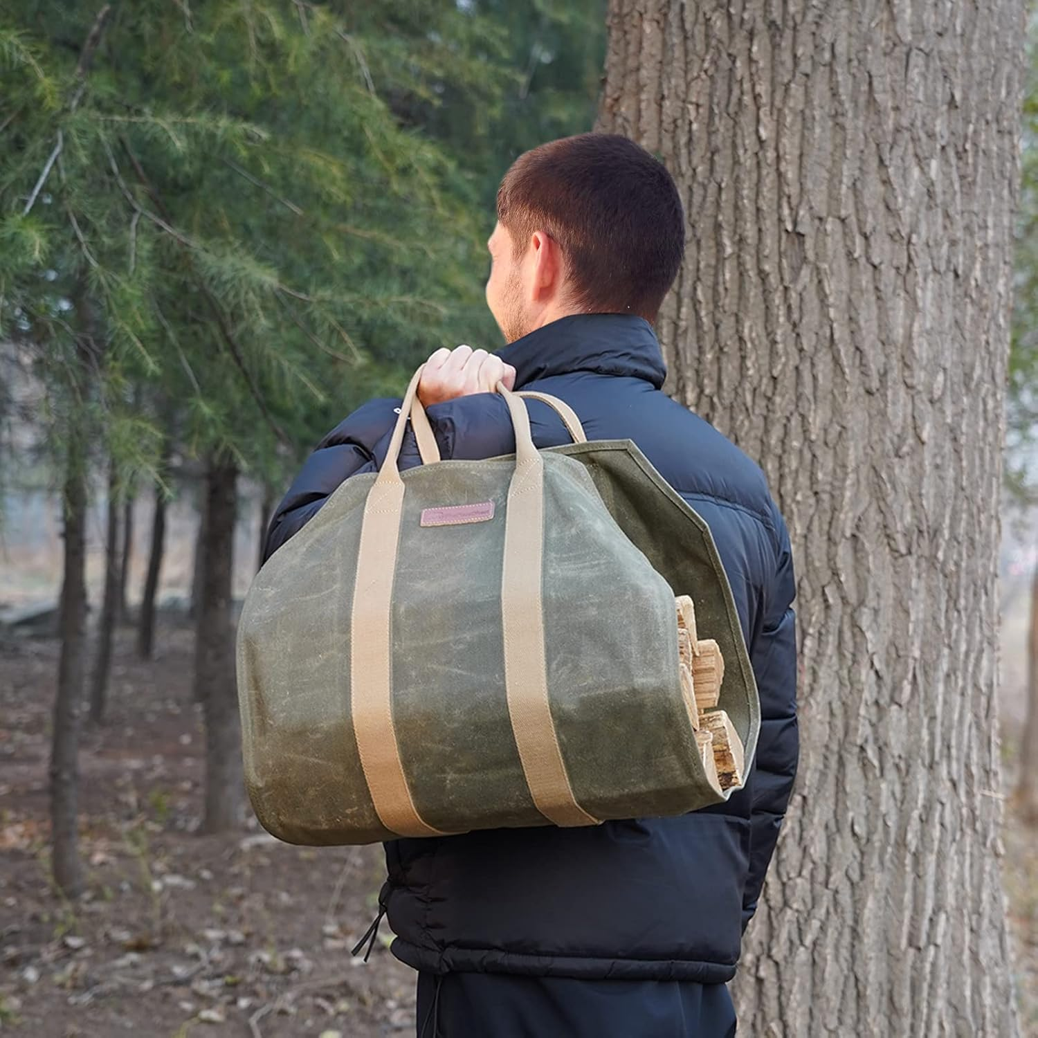 Sturdy Waxed Canvas Firewood Log Carrier, Durable Firepalce Wood Bag with Reinforce Duty Straps Green - Brown image number 4