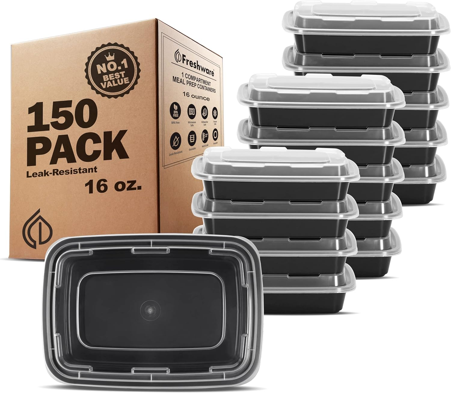 Freshware Meal Prep Containers [50 Pack] 1 Compartment Food Storage Containers with Lids, Bento Box, BPA Free, Stackable, Microwave/Dishwasher/Freezer Safe (16 Oz)