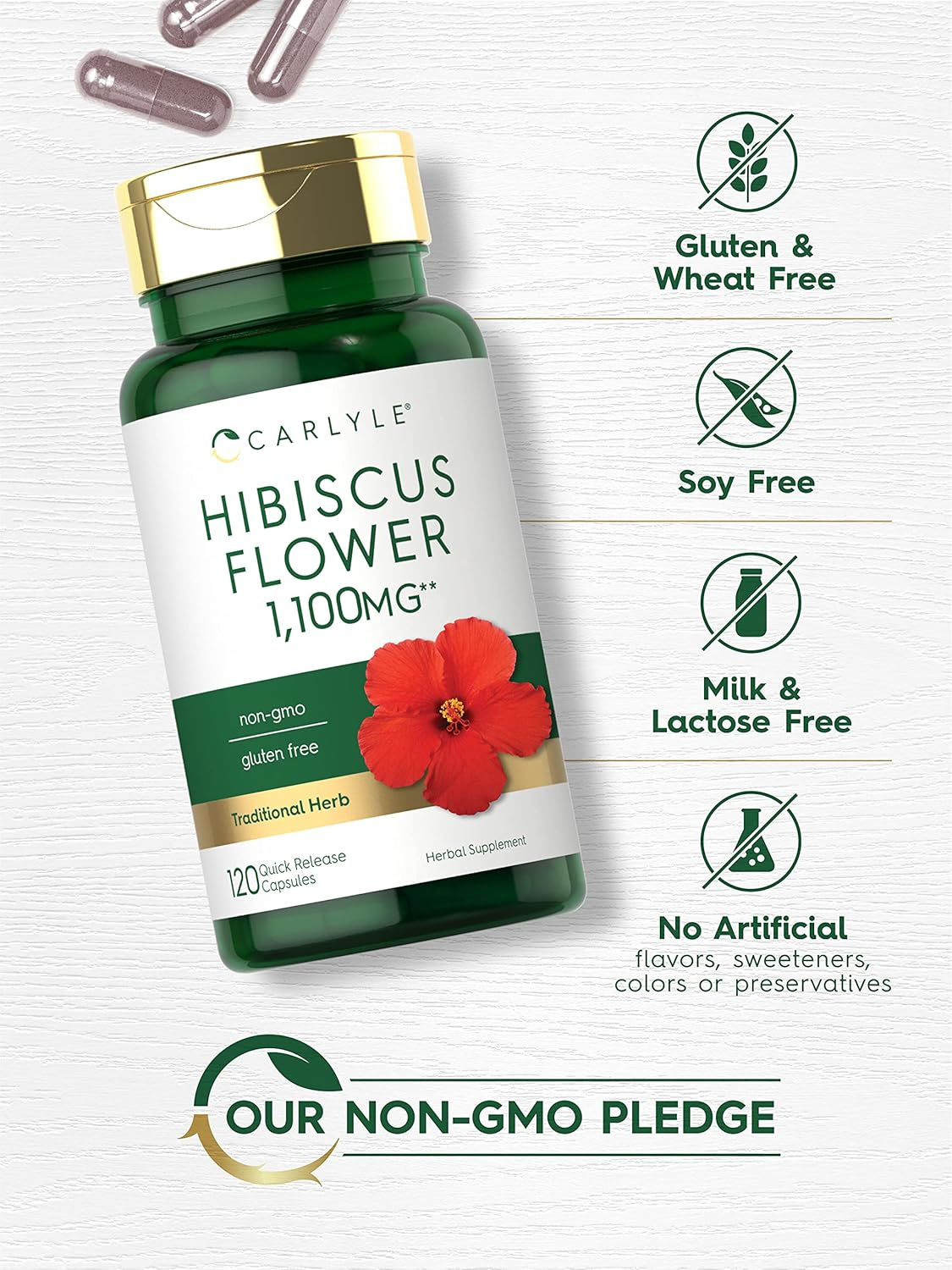 Hibiscus Flower Extract 1100 Mg | 120 Capsules | Non-Gmo, Gluten Free Supplement | by Carlyle