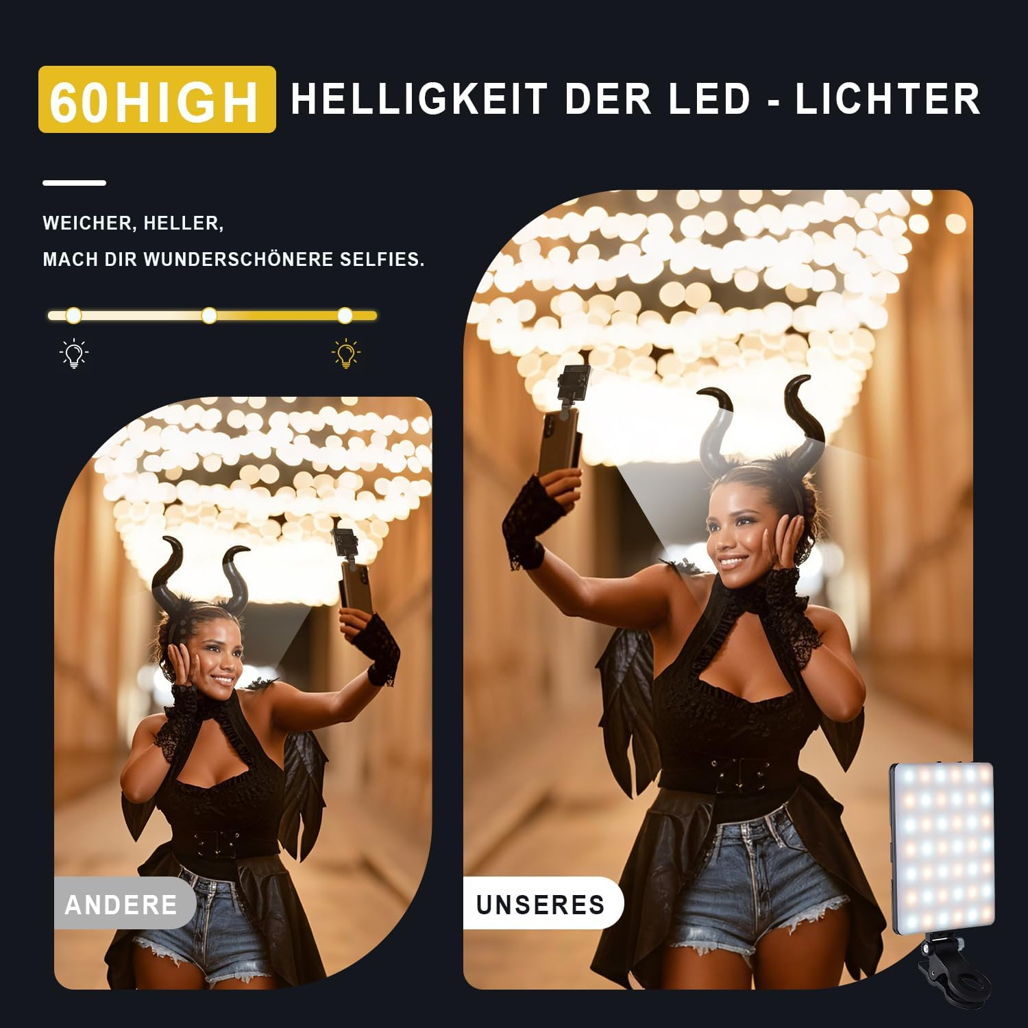 Voarge 60 LED Video Light, Selfie Light, 3000-7000 K, 3 Light Modes and Brightness, Rechargeable 2200 Mah, for Phone, Webcam, Laptop, Photo Make-Up image number 4