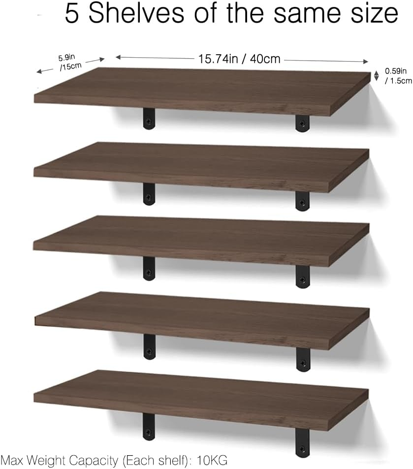 Delsol Wall Floating Shelves Wood Shelves 5Pcs Set Home Decor Wall Mounted Storage Rustic Wood Farmhouse Shelf for Bedroom, Living Room, Kitchen, Bathroom (Black) - Light Brown image number 4