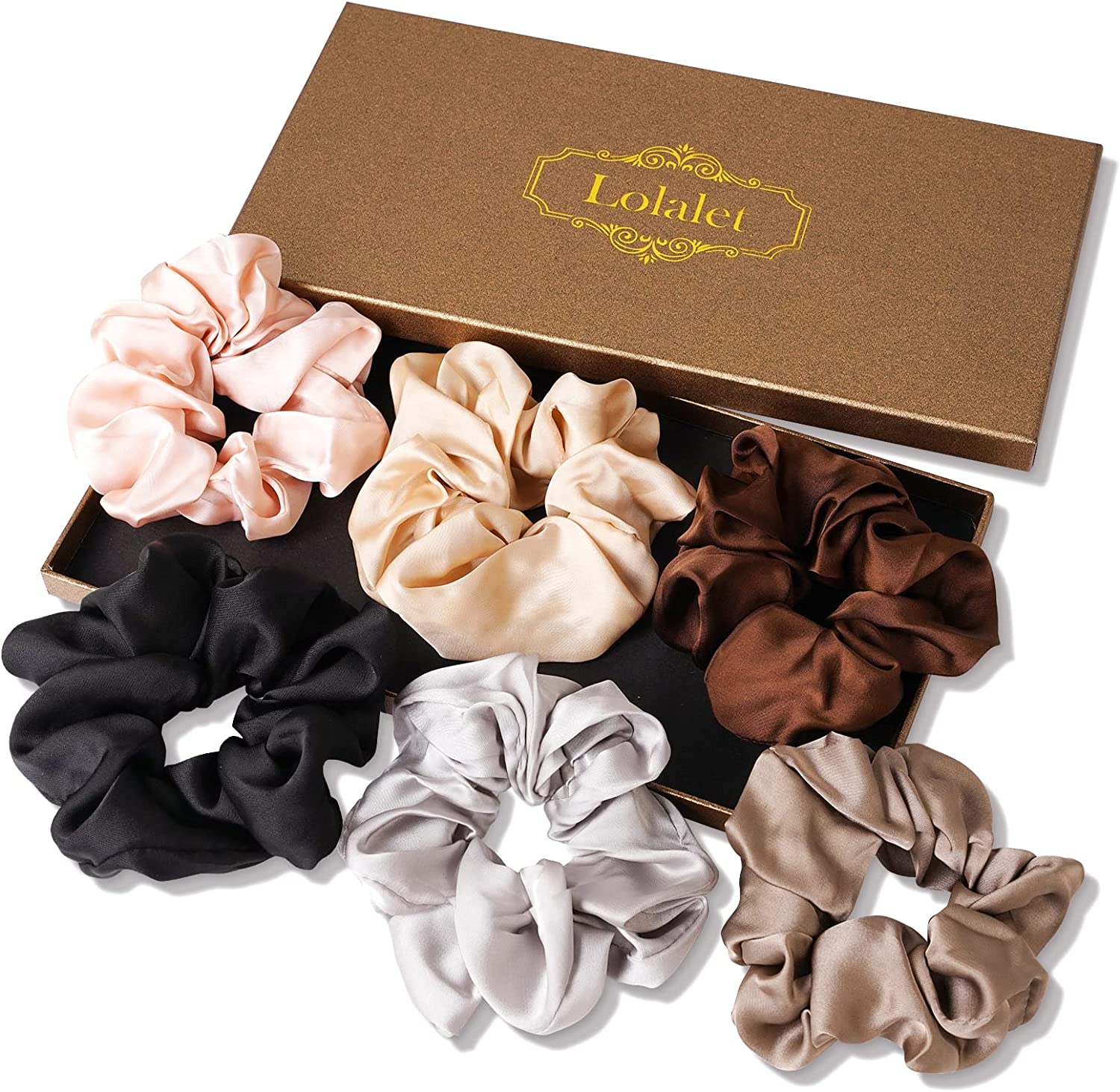 Lolalet 6 Pack Scrunchies for Hair, Hair Scrunchies for Women Girls, Soft Satin Scrunchy for Sleeping, Big Sleep Tie Scrunchie with Elastic Hair Bands for Thick Thin Fine Curly Hair -Color Set A