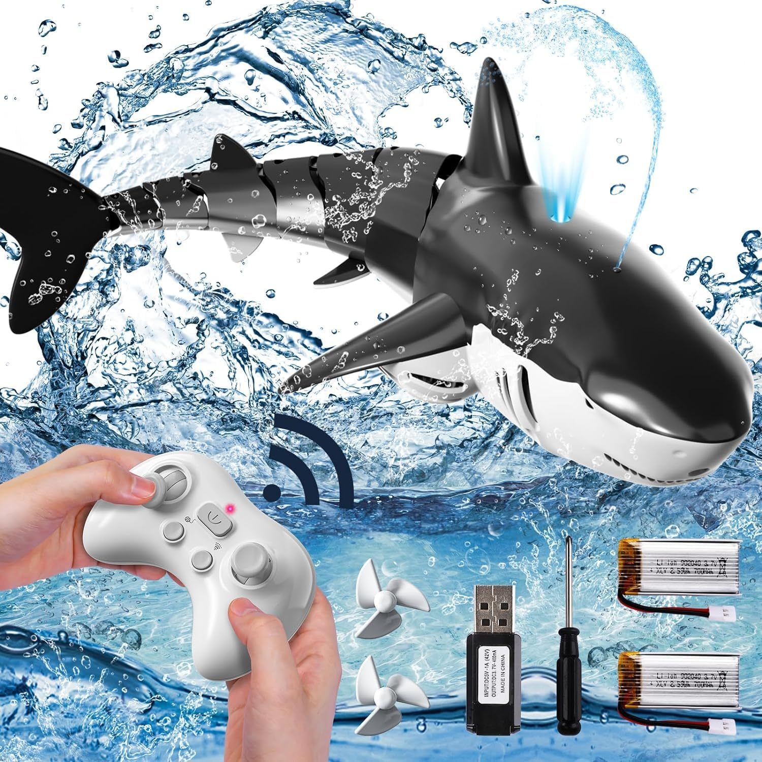 Remote Control Shark Toy, 1:18 High Simulation Scale Fish with Lights and Water Spray for Lakes, Bathrooms, Pools, Halloween, Christmas, Birthday Gifts Electric RC Boat for 6+ Years Old Children image number 1