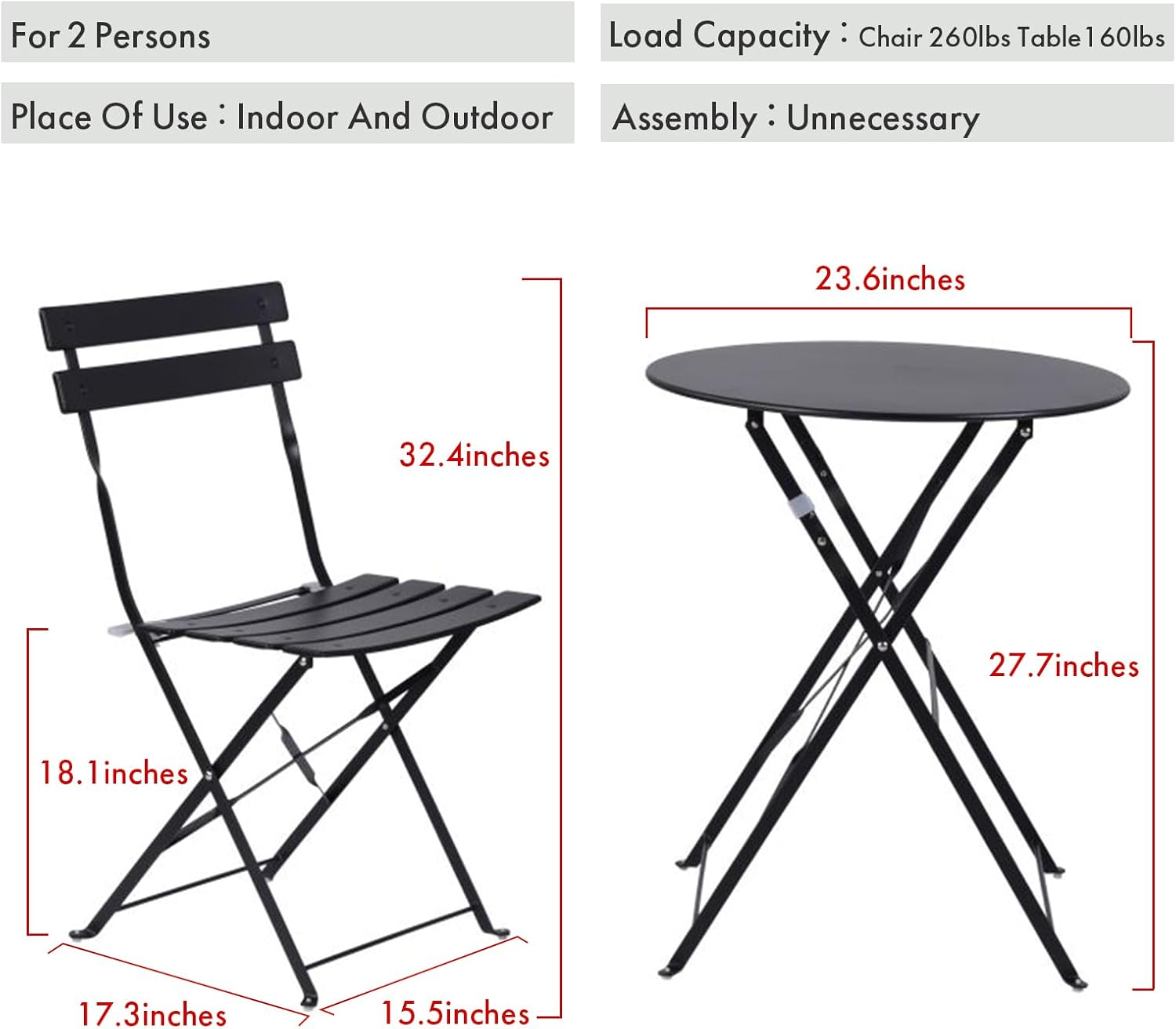Indoor/Outdoor 3-Piece Foldable Bistro Set, Folding Outdoor Patio Furniture Sets, 2 Chairs and 1 Table, Weather-Resistant Outdoor/Indoor Conversation Set for Patio (Red) image number 3