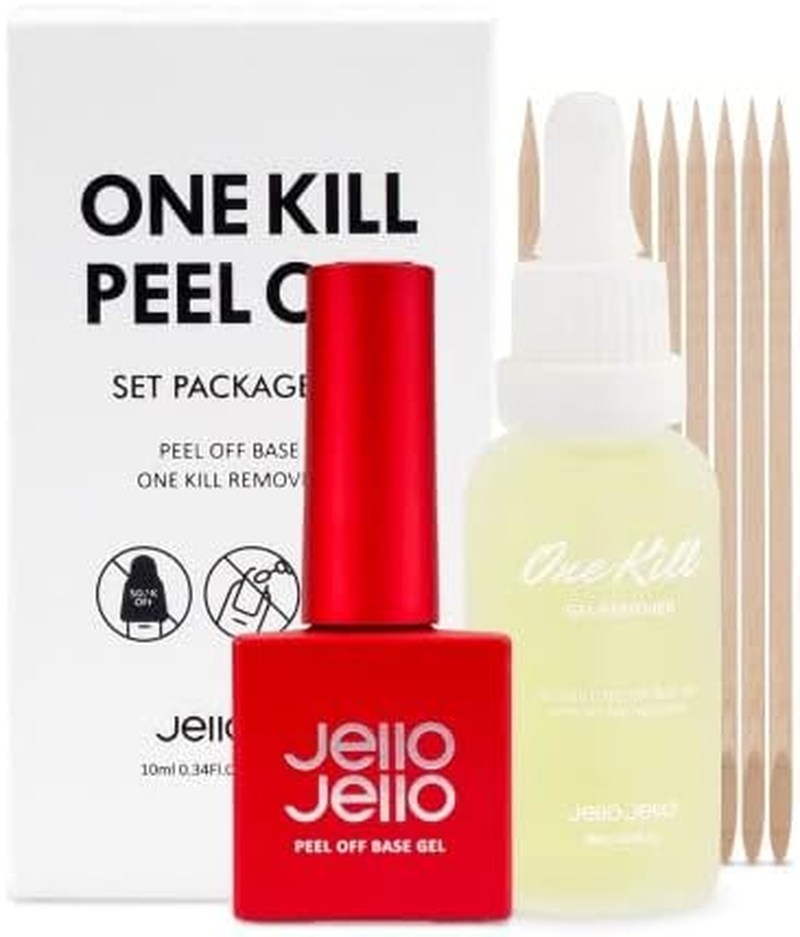 JELLO JELLO One Kill Set (Peel off Base Gel 10Ml + One Kill Remover 30Ml Set + 10 Cuticle Sticks) | Gel Remover, Nail Repair and Health, Easy Remover Gel Nail, Self Gel Nail image number 4