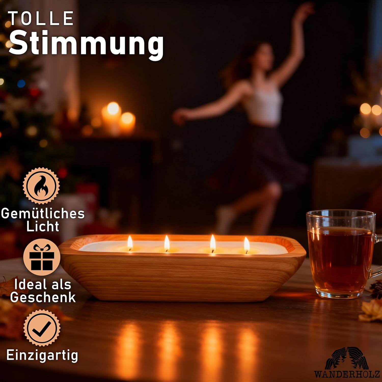 Wanderholz Soy Wax Candle in a Cedar Wood Bowl - Sustainable Multi-Wick Candle with Soy Wax Four-Wick Candle Wax Soy Candle Candles Gift Large Decorative Living Room Candle Decoration Modern image number 1