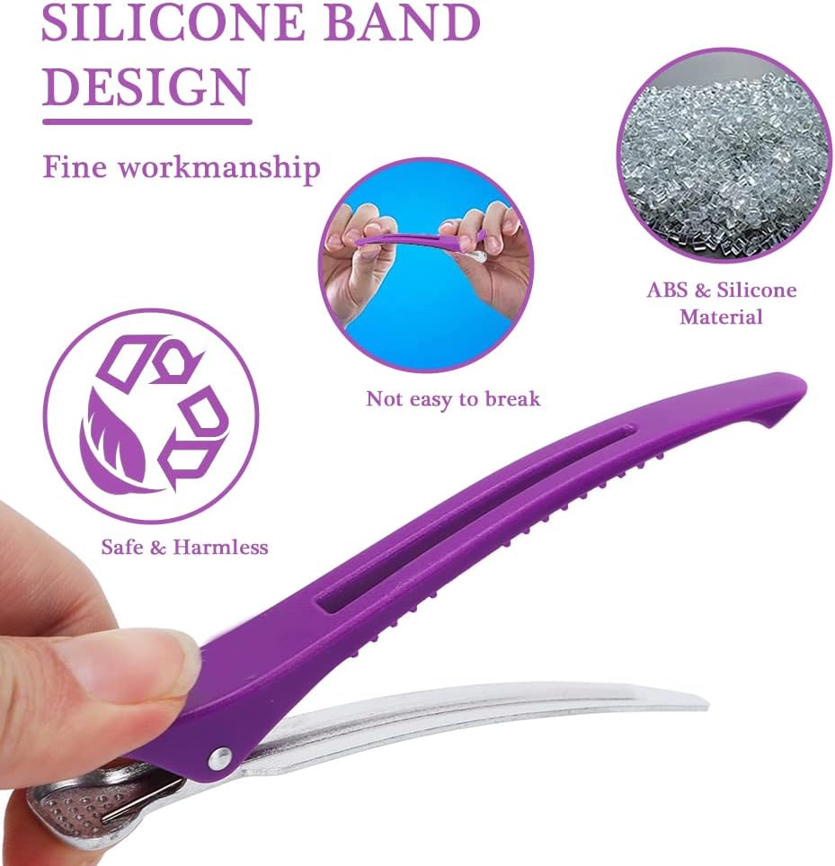 Pack of 12 Duckbill Clips, Hair Clips for Styling Cuts, Non-Slip Long Hair Clips with Silicone Band, Clips for Hairdressers (Black, Purple) image number 6