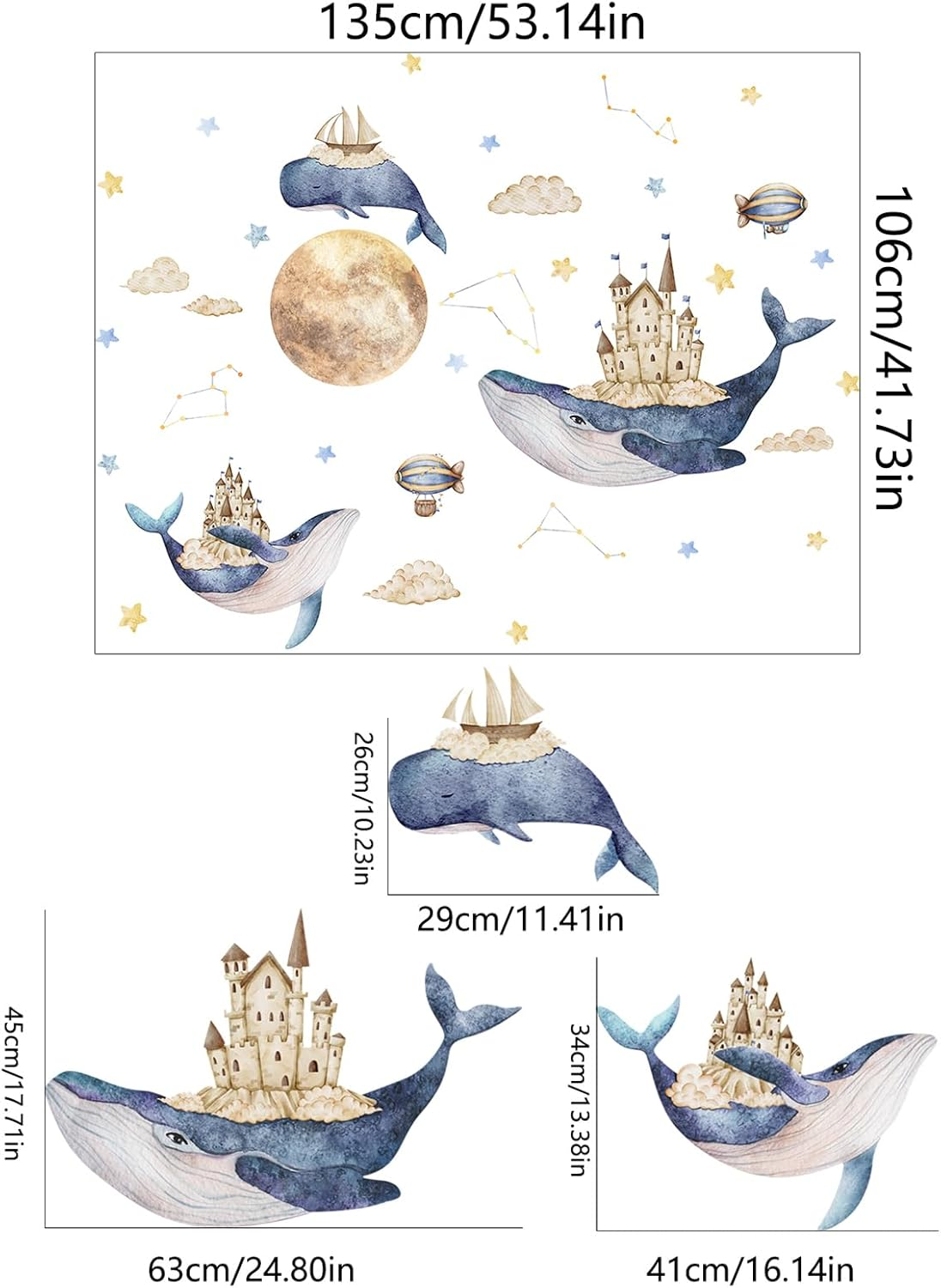 Whale Castle Wall Stickers,Large Whales Dolphins Star Moon Wall Art Decals Peel and Stick Wall Stickers for Boy Bedroom Kids Room Baby Nursery image number 1