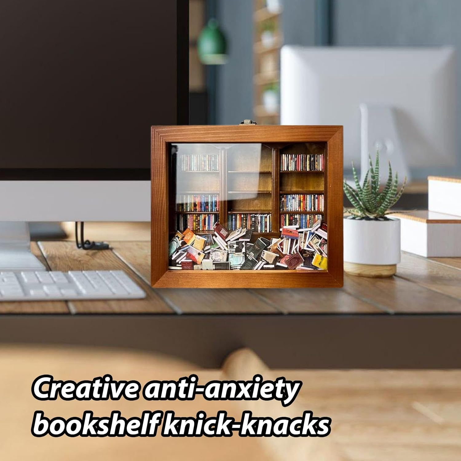 Shake Away Your An-Xiety Miniature Bookshelf, Mini-Book Match Boxes Display Case Cabinet, Wooden Bookcase Desktop Ornament, Creative Anti-An-Xiety Toy, Gifts for Book Lovers, 2023 Christmas Home Decor