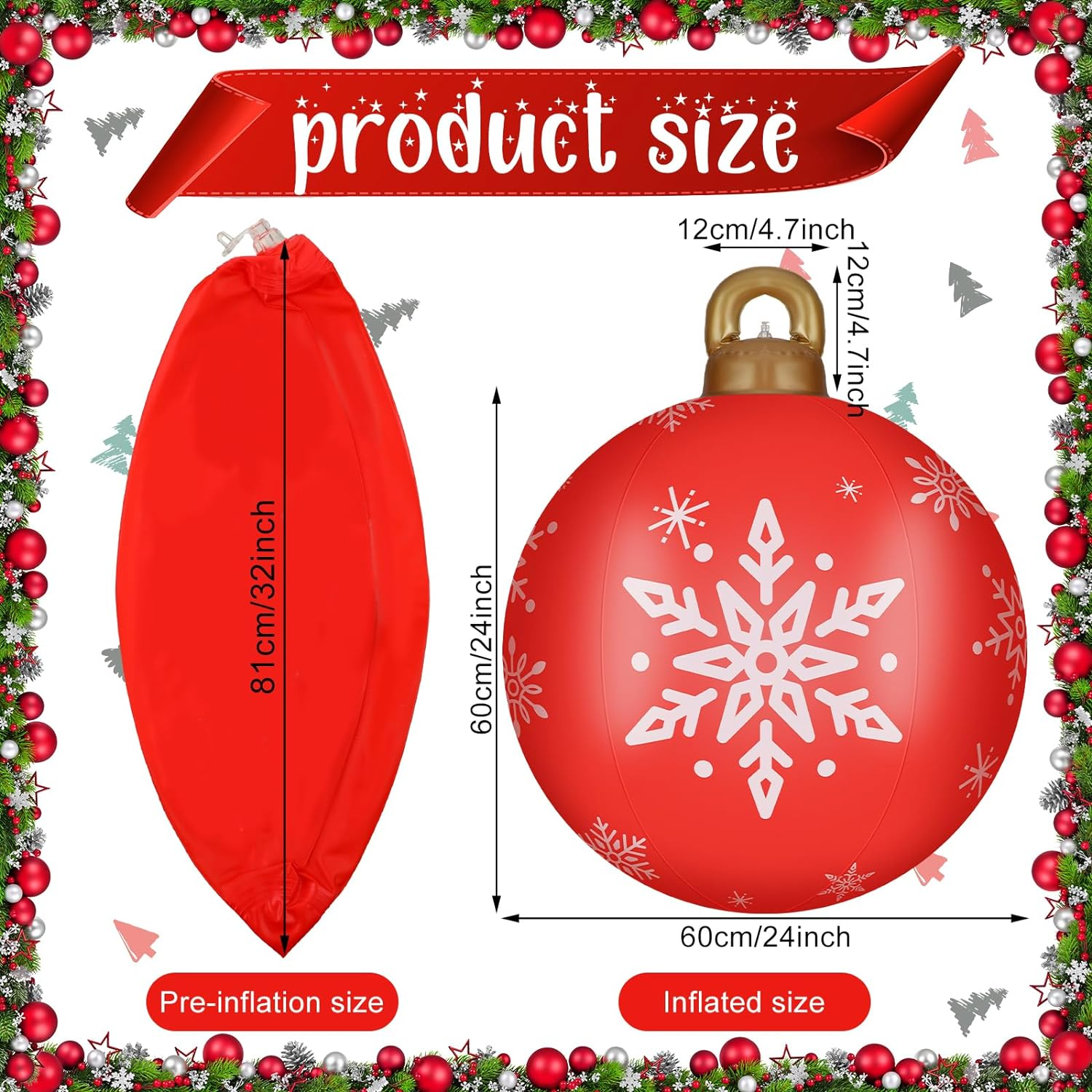 Jetec 3 Pcs 32" Giant Inflatable Christmas Ball PVC Inflatable Decorated Ball Large Holiday Inflatables Outdoor Decorations Xmas Blow up Yard Decor Giant Ornaments(Red,Snowflake) image number 3