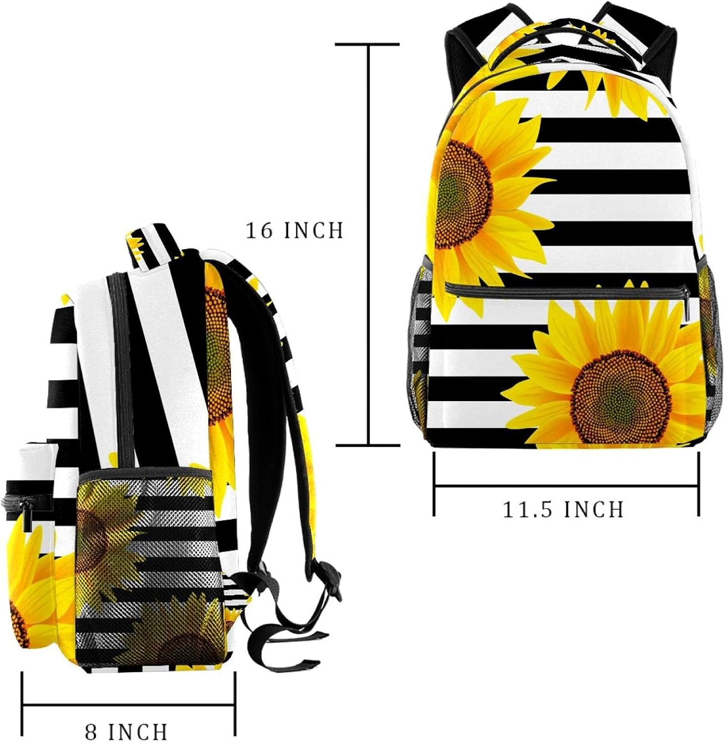 Black and White Striped Sunflower Creative Yellow Backpack Students Shoulder Bags Travel Bag College School Tote Backpacks image number 3