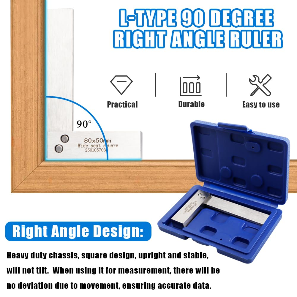 Yakamoz Machinist Square Set, Precision Engineer Wide Seat Square 90 Degree Right Angle Ruler Wide Base Tool, Carbon Steel L-Type Testing Measuring Tool for Woodworking (80 X 50Mm)