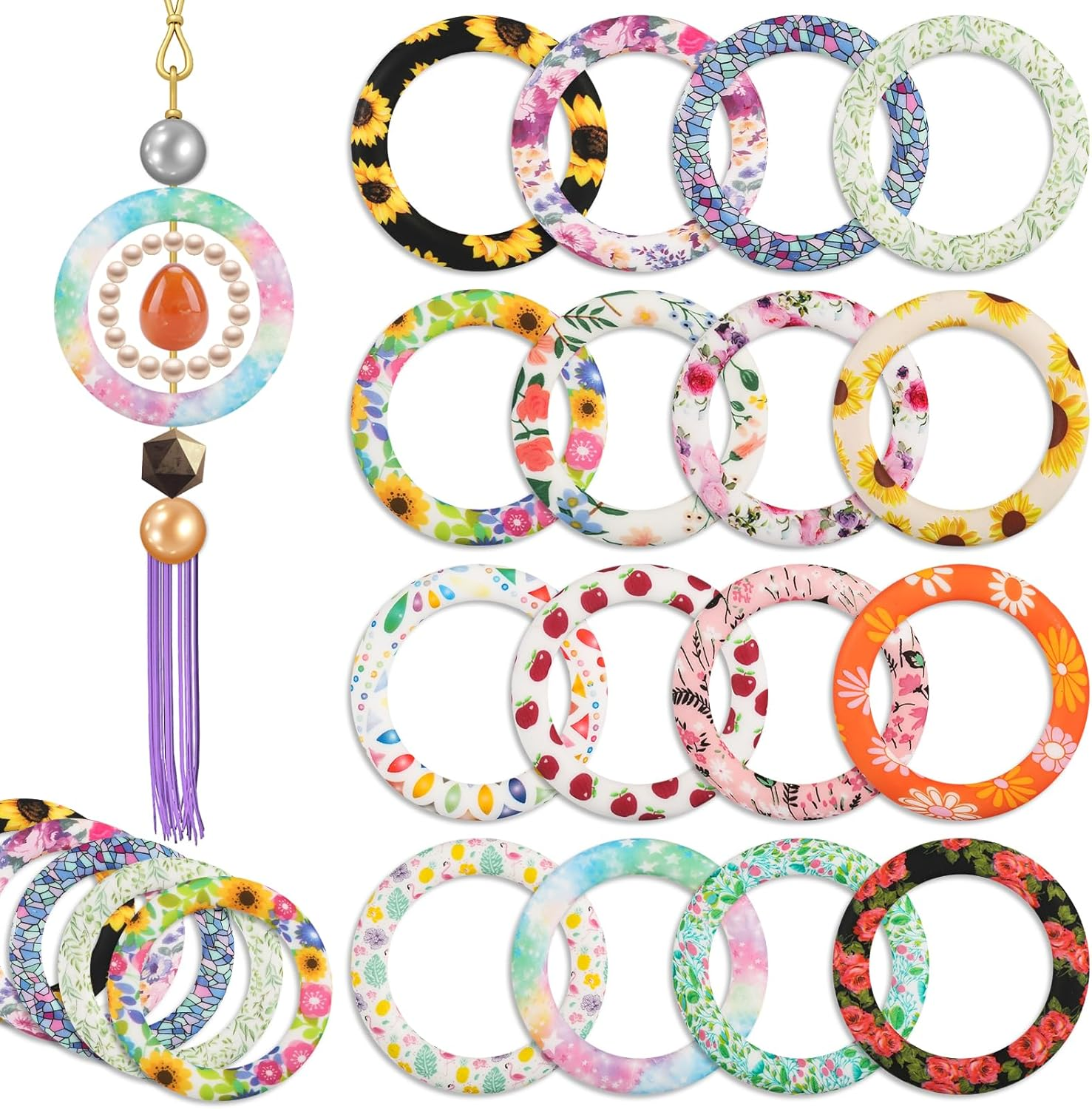 16Pcs Floral Silicone Beadable O Rings, 65Mm Silicone Beads Ring round Silicone Loop with 2 Holes Focal Frame Silicone Pendant for Jewelry Making DIY Crafts Necklaces Keychains(16 Styles) image number 4