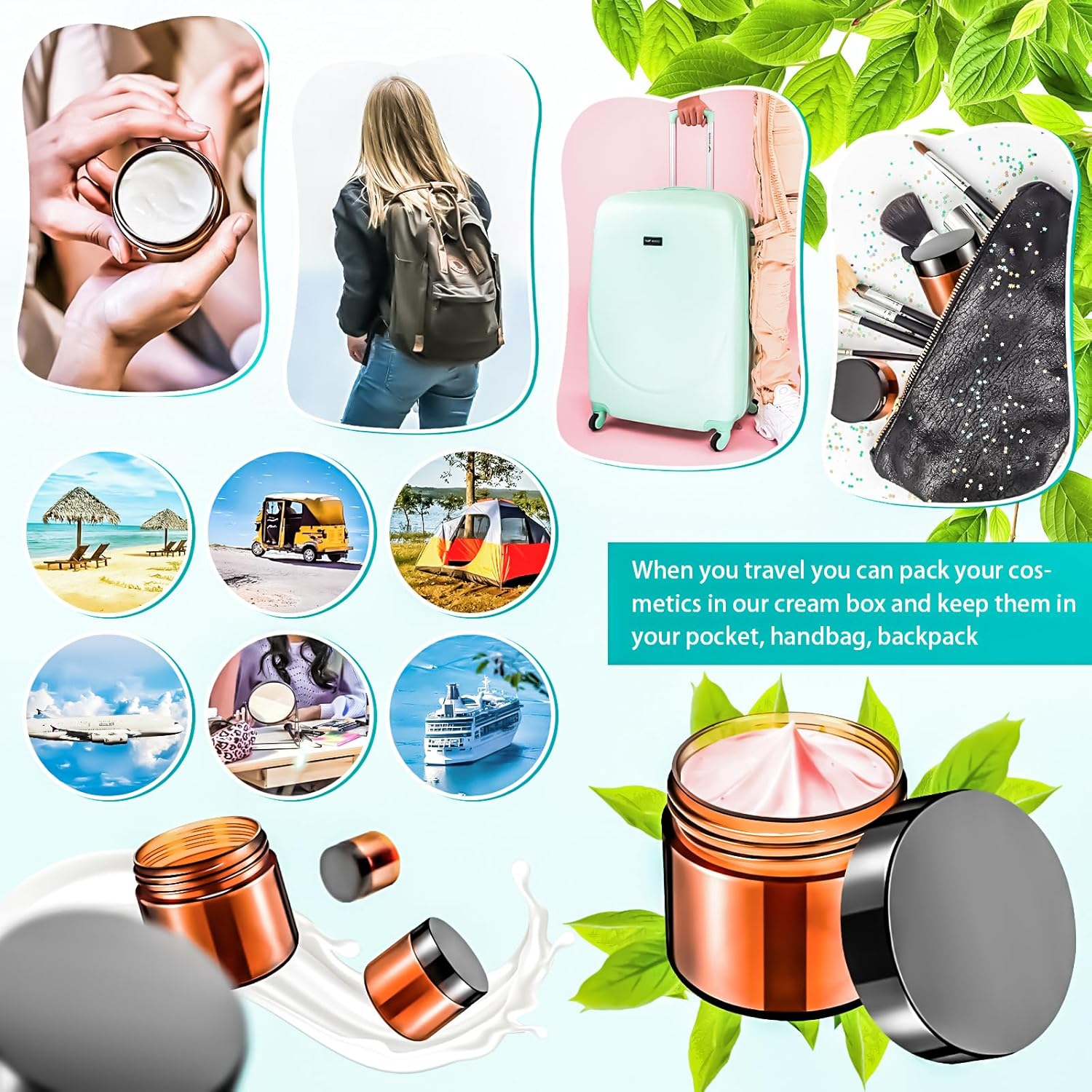 Motbach 16 Pack 2Oz Amber Plastic Jars, 60Ml Empty Small round Cosmetic Jars Refillable Makeup Containers Leakproof Travel Cosmetic Containers with Black Lids for Sample Cream Lotion Powder Ointment image number 3