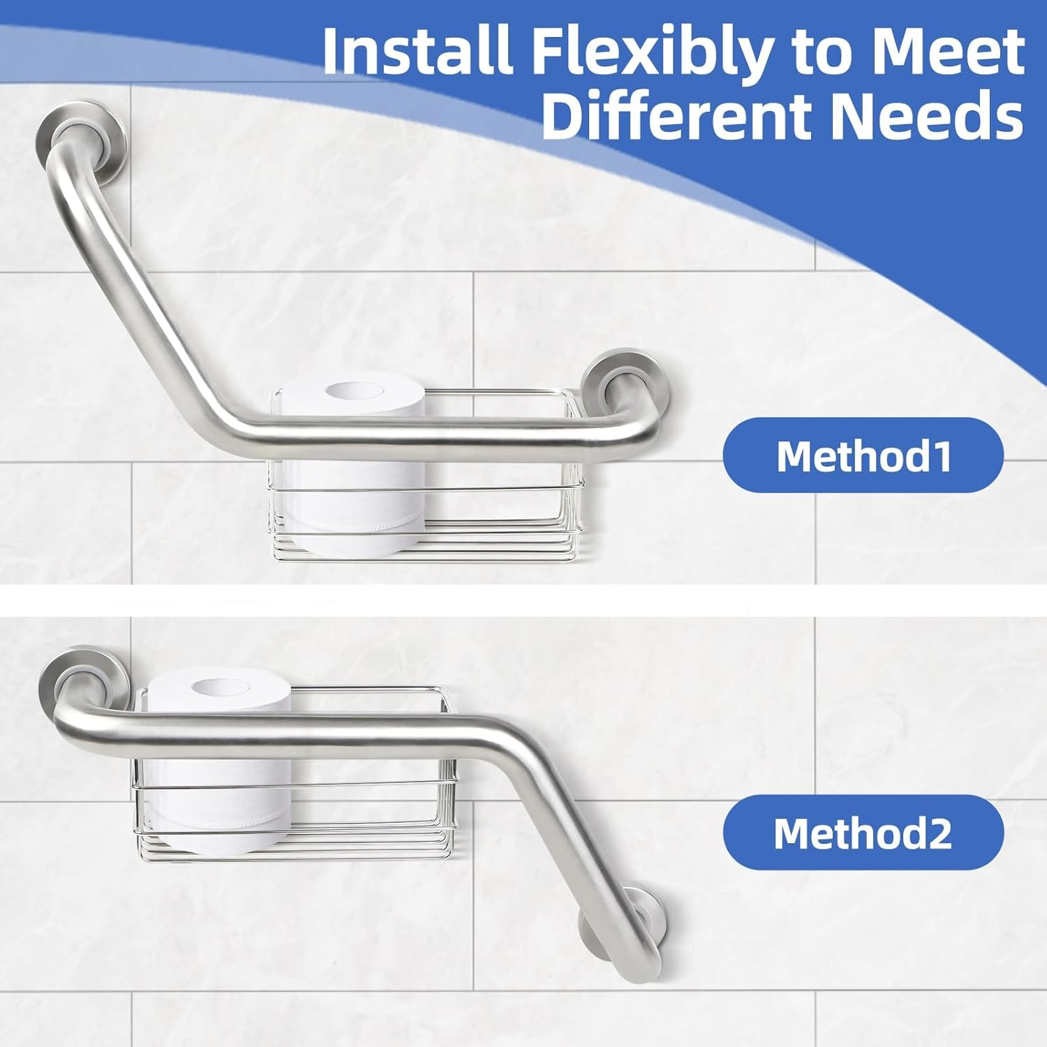16 Inch Angled Grab Bar with Storage Basket, Handicap Grab Bar for Elderly, Stainless Steel, Grab Bars for Shower, Bathroom Mobility Aid, Heavy Duty 550Lbs Support image number 5