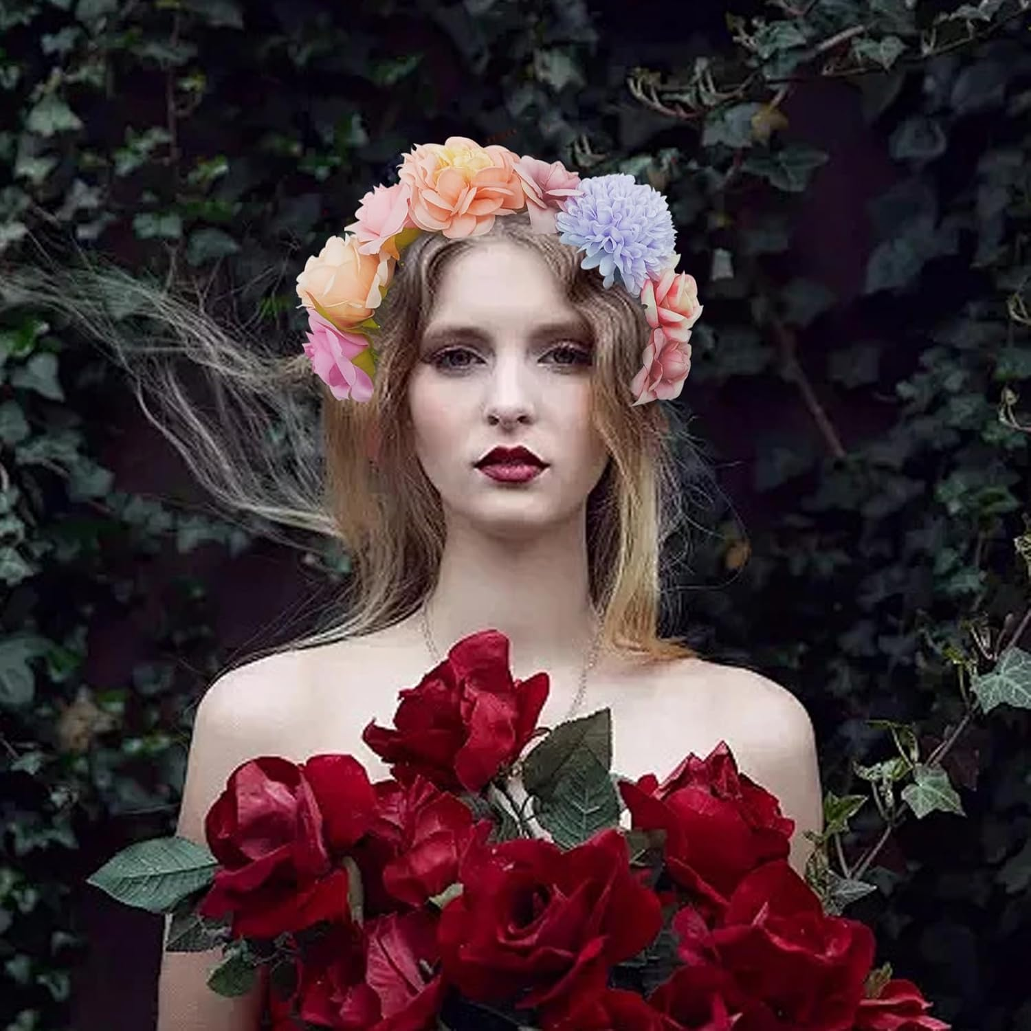 KASESSS 1 Pcs Floral Crown Flower Headband, Multicolour Flower Headband, Floral Headband for Women Girls, Flower Wreath Head Band, Flower Hairband for Festival Party Wedding Beach Birthday Cosplay image number 5