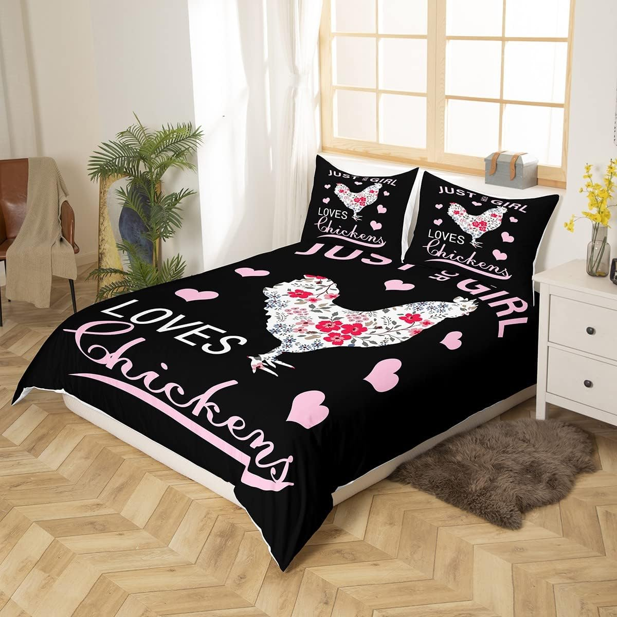 Girl Loves Flower Chicken Comforter Cover 135 X 200 Rustic Farm Animal Print Bedding Set for Girls Kids Teens Room Colorful Floral Decor Hen Duvet Cover Pink Love Heart Bedspread image number 4