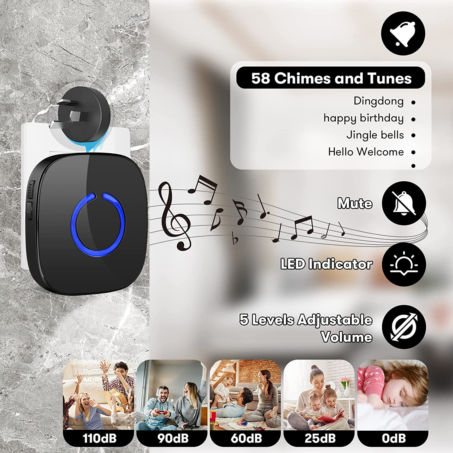 Wireless Doorbell, Remote Door Bell Ringer Wireless Long Range 300M with 58 Melodies, Coolqiya Portable Doorbell with 1 Waterproof Transmitter and 1 Plug-In Receiver image number 4