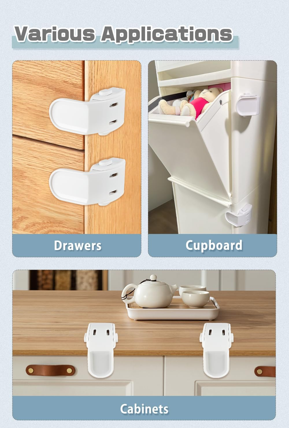 4 Pack Drawer Locks Baby Proofing, Maveek Child Proof Cabinet Locks for 0-12 Month Baby Safety Botton Lock for Drawers Side Furniture Latches Corner Edges (White) - Black image number 2