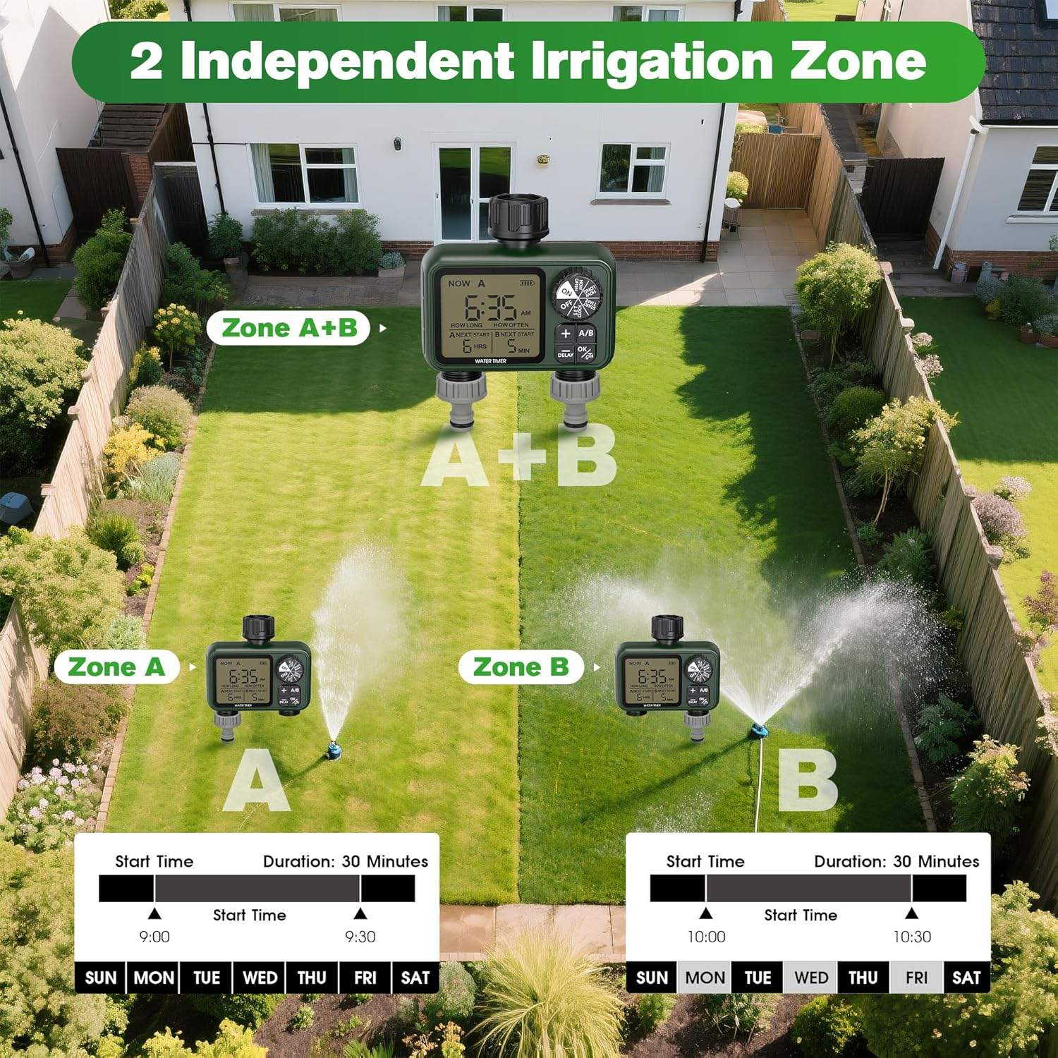 Advwin Water Timer, Smart Sprinkler Timer 2 Outlets, Rain Delay/Manual/Automatic Watering Modes, Digital Irrigation Controller for Garden Hose Faucet Yard Lawn image number 4