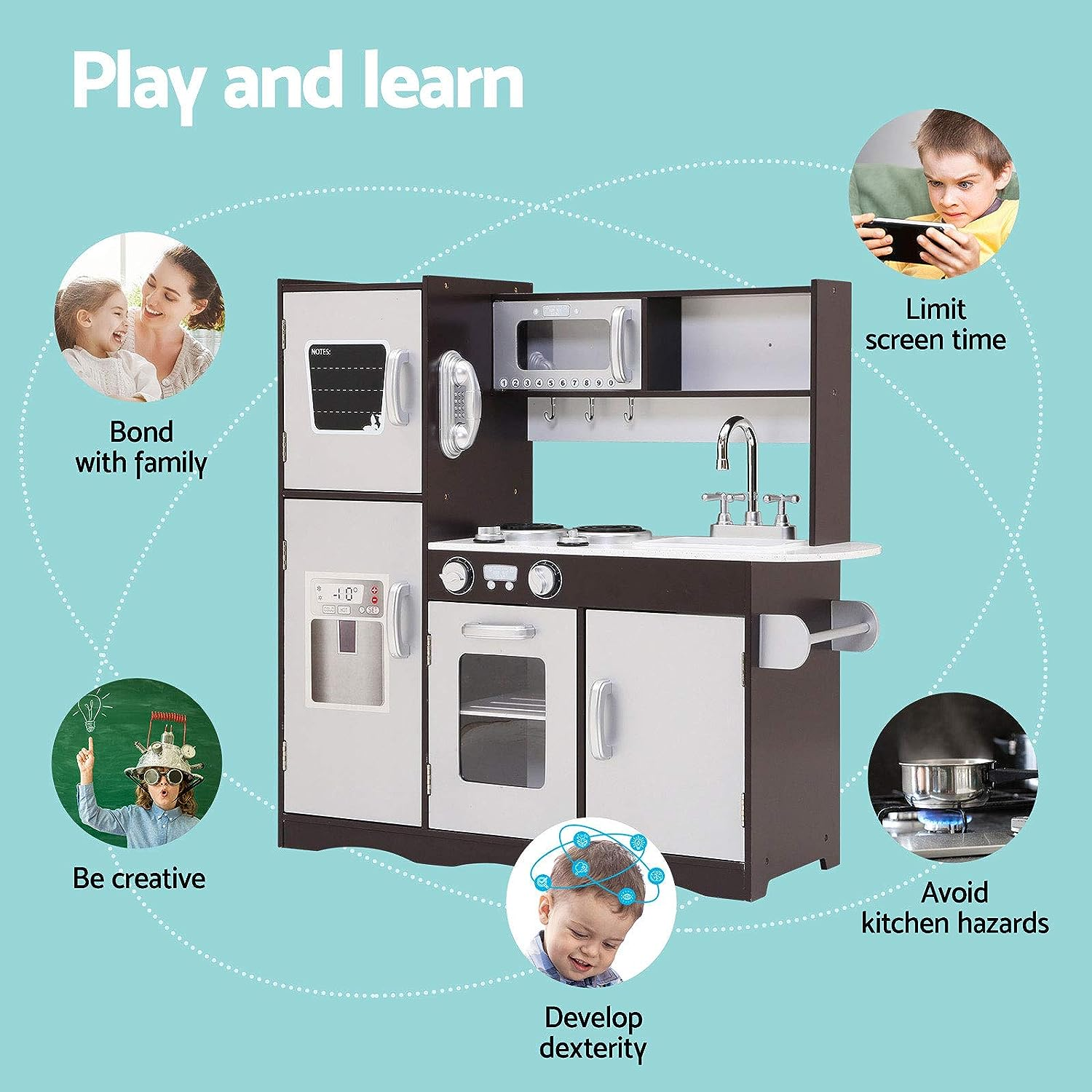 Keezi Kids Kitchen Set Pretend Play Food Playset Wooden Toys Mud Kitchens Children Cooking Cookware Sets Toy Home Cubby House Furniture for Boys Girls, Easy Cleaning White image number 5