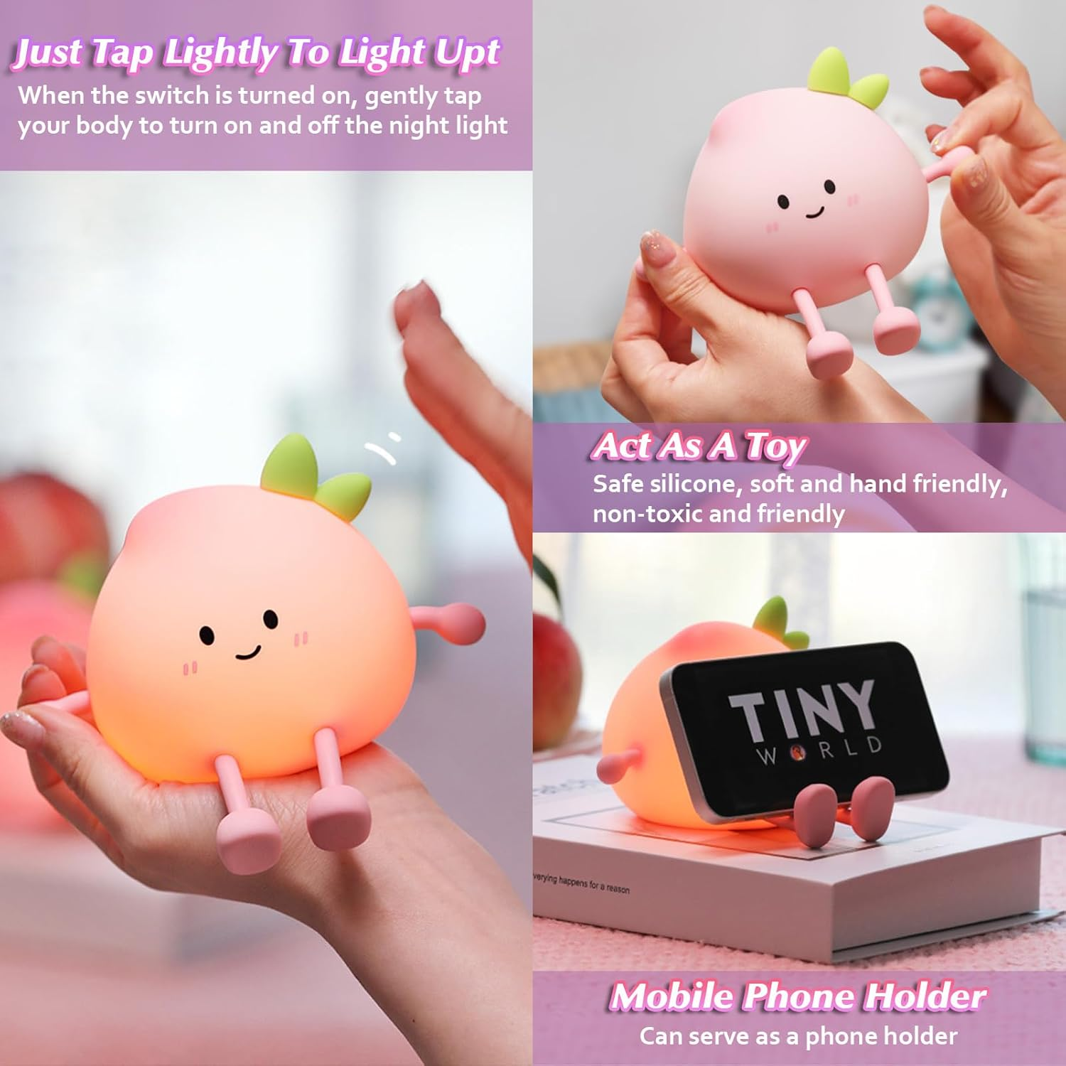 Kids Night Light,Fruit Peach Night Light 7 Color Silicone LED Touch Light Lamp for Baby and Toddler,Cute Squishy Lamp for Boys Girls Room Dimmable Portable Rechargeable Bedside Bedroom Decor image number 3