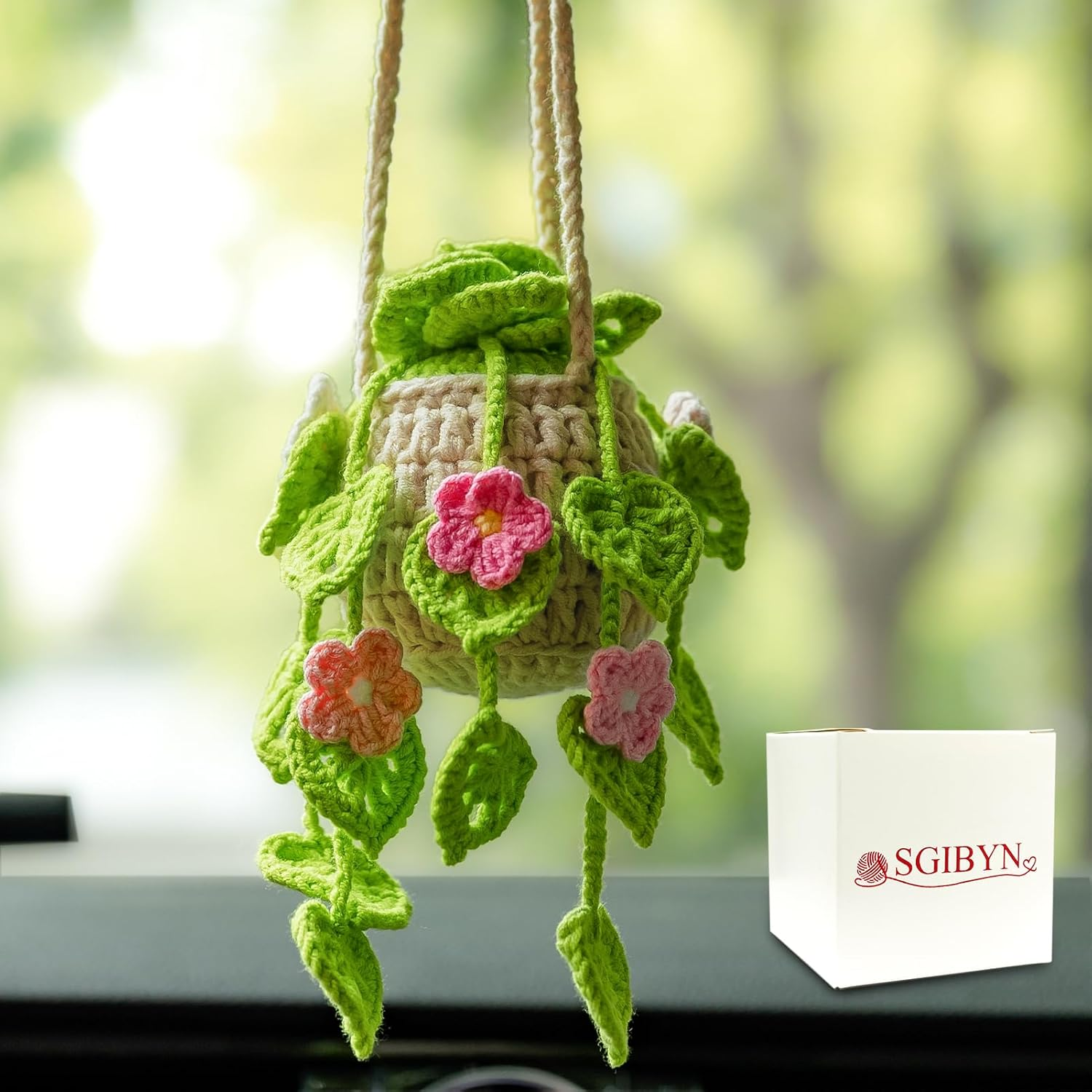 Crochet Hanging Plant for Car Decorations Interior,Cute Plant Strawberry Aesthetic Car Ornaments Charms Accessories for Rear View Mirror