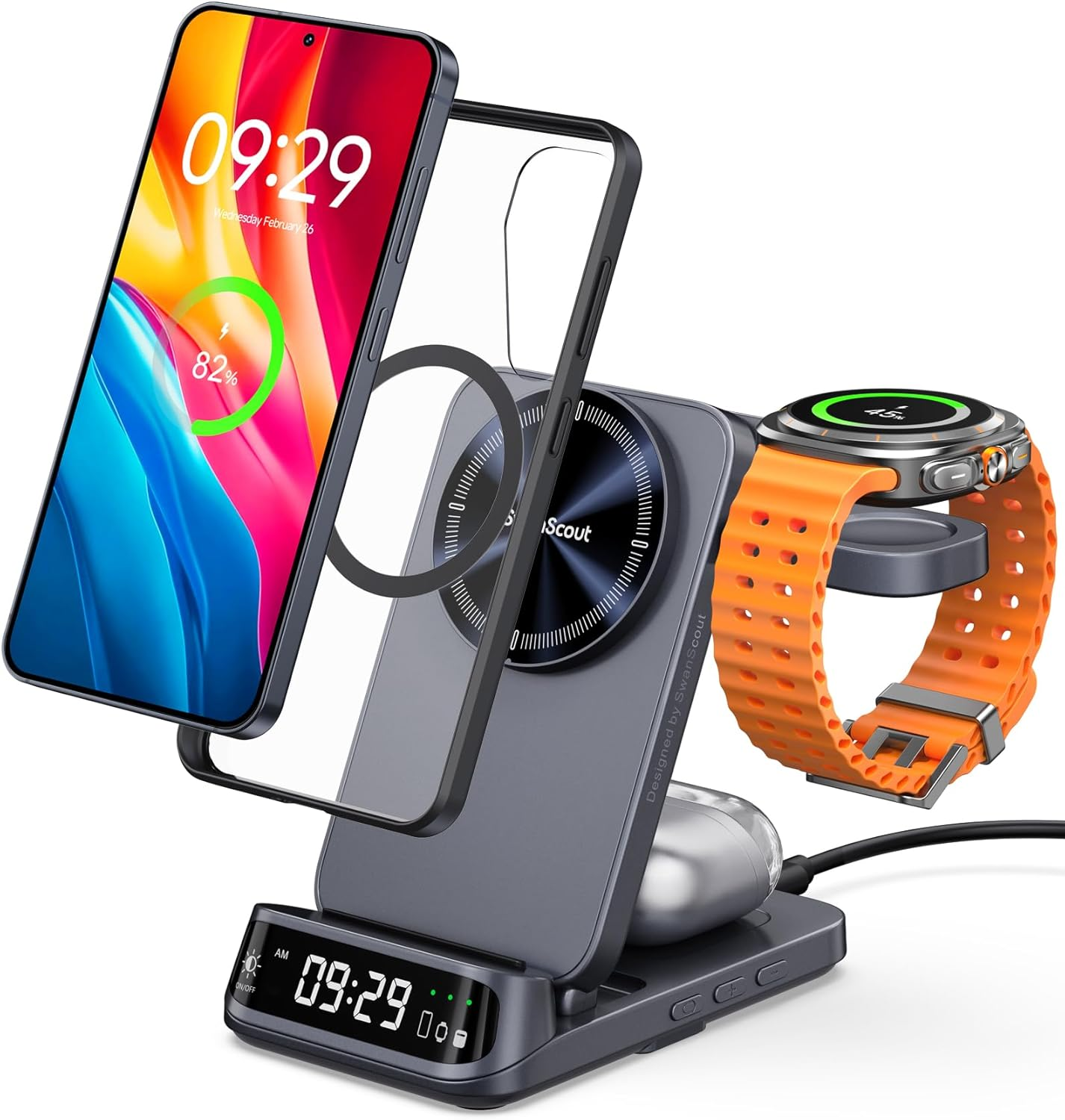 Magnetic Wireless Charging Station for Samsung S25/S24/S23/Z Flip 7/Z Fold, 3 in 1 Wireless Charger for Galaxy Watch 8 Classic/8/Ultra/7/Fe/6/5, Swanscout 708SM