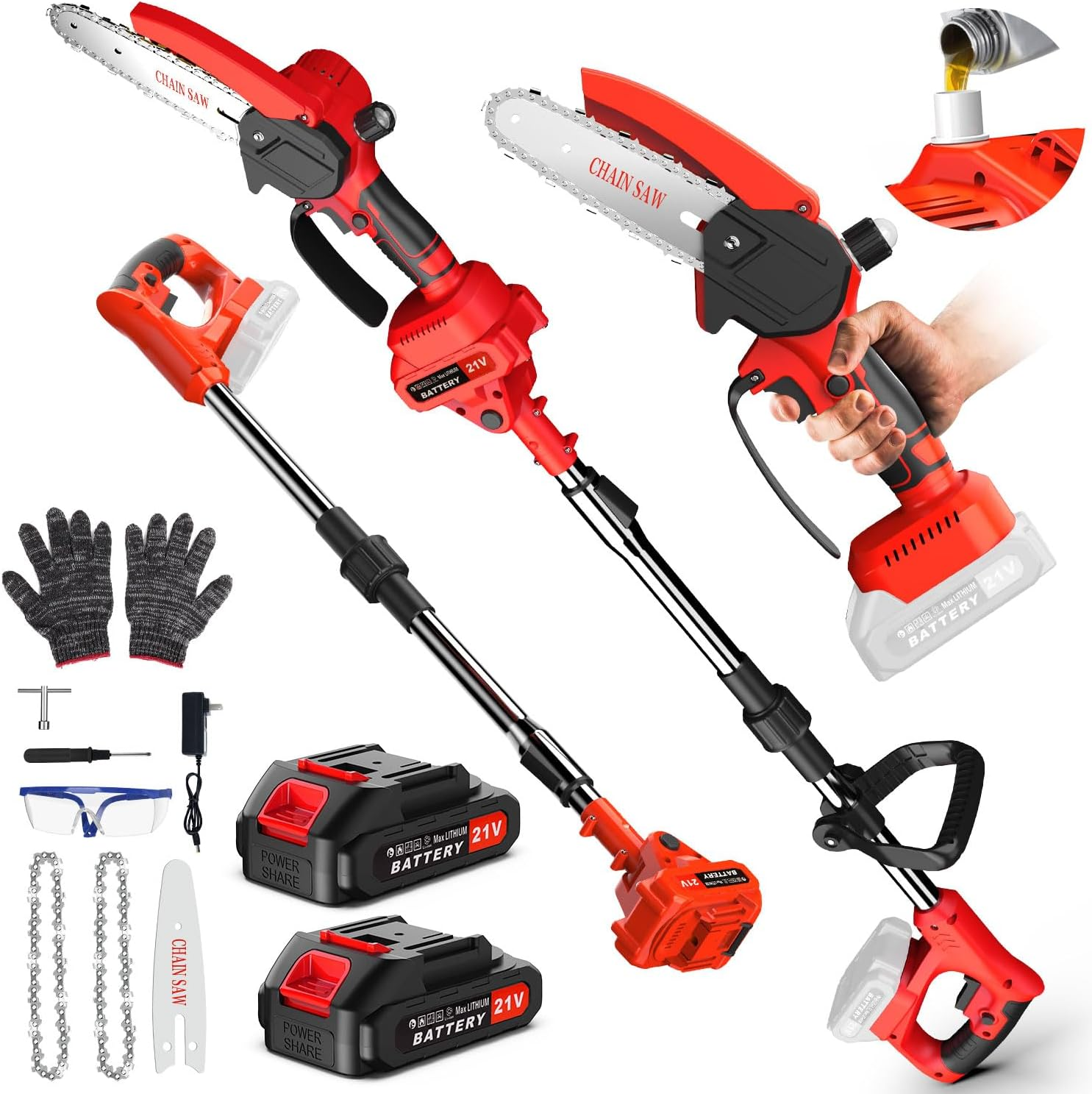 Lmozim 2-In-1 Cordless Pole Chainsaw & Mini Handheld Chainsaw, 21V 8 Inch Electric Poles Pruner, Extension Rod up to 153Cm, 2 Replaceable Chains Tree Pruning Pole for Garden Yard Red 4000Mah Battery image number 2