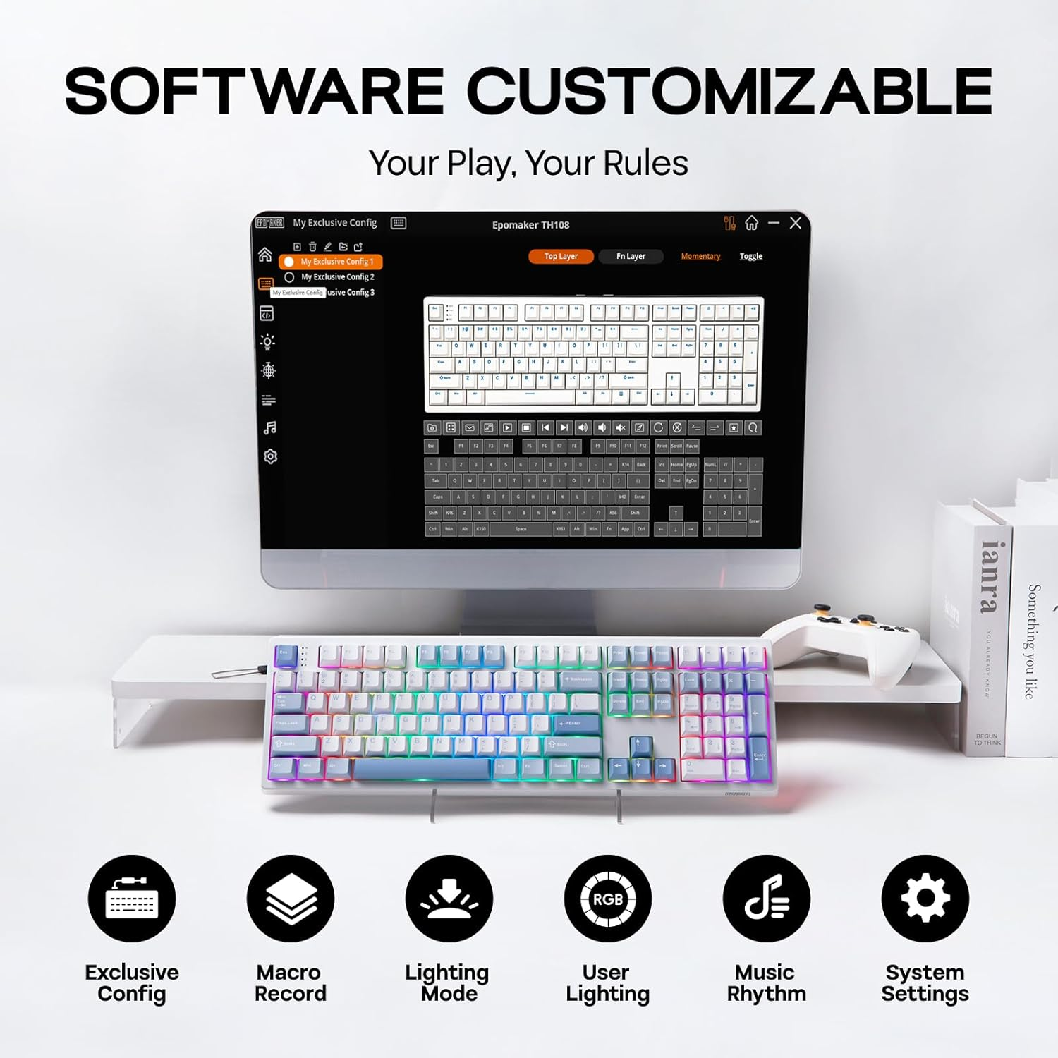 EPOMAKER TH108 Full Size Mechanical Keyboard, Wireless Gaming Keyboard with 8000Mah Battery, Creamy Gasket, 108 Keys, Hot Swap, Custom Driver, RGB Backlight (Blue&White, Sea Salt Silent) image number 1