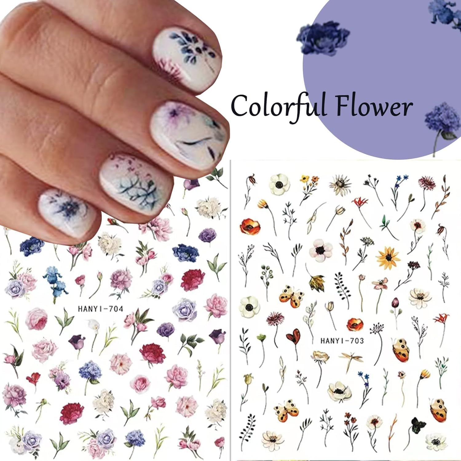 14 Sheets Flower Nail Art Stickers,Nail Art Supplies Orchid Butterfly Colorful Design Nail Accessories for Women Nail Decorations image number 4