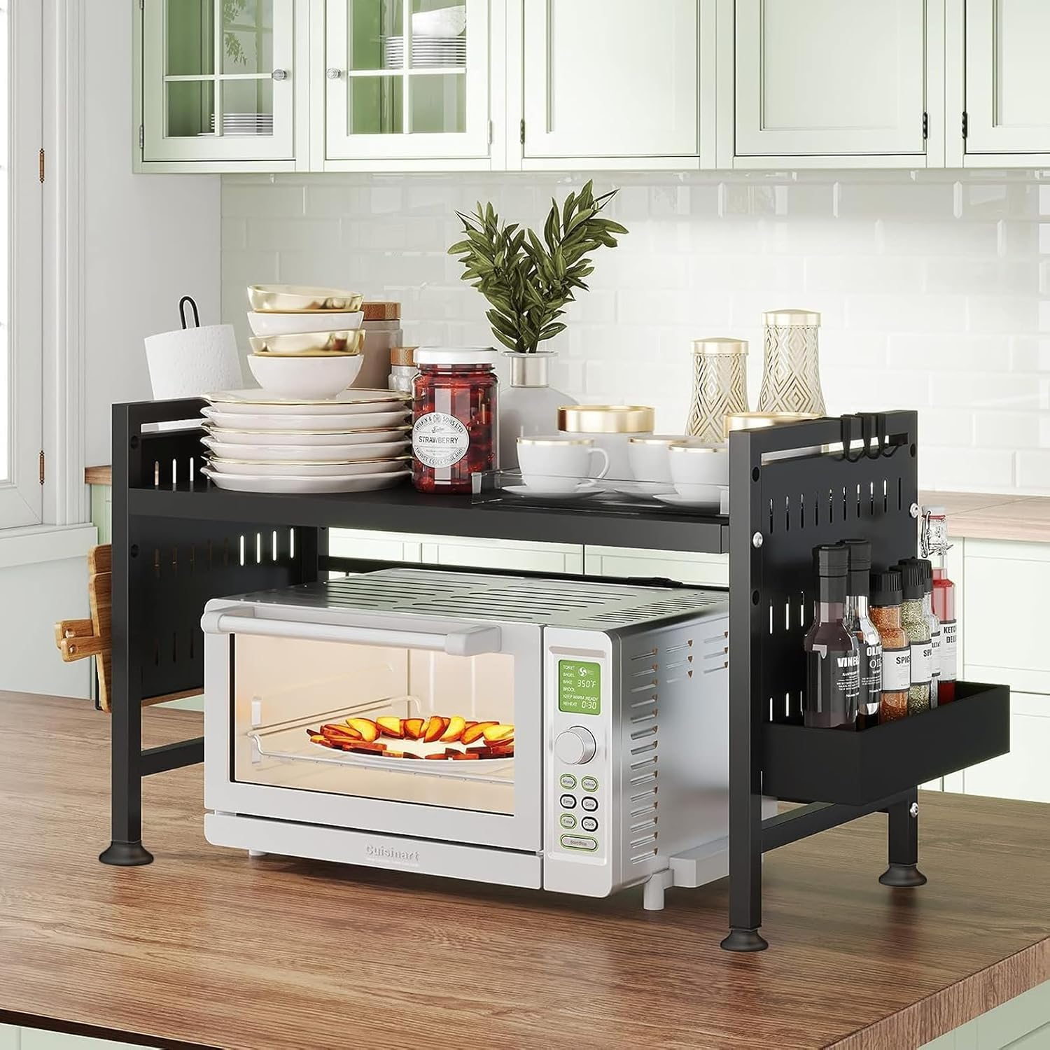 Extendable Microwave Stand, 2-Tier Microwave Shelf with Cutting Boards Stand for Kitchen Storage & Organisation, Heavy Duty Microwave Oven Rack Countertop with 3 Hooks image number 3