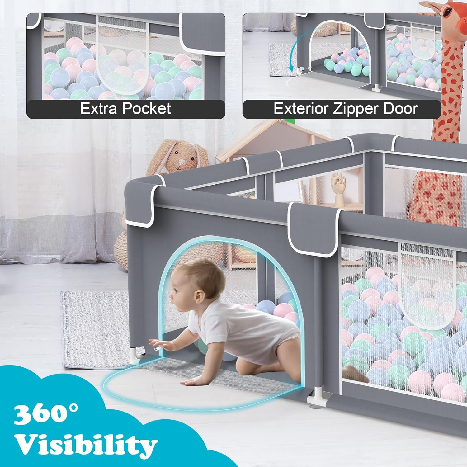 Advwin Baby Playpen 185 &times; 155Cm,Large Playpen for Toddlers,Sturdy Playpen with Soft Breathable Mesh,50 Ocean Ball and Pull Tabs,Non-Slip Base,Indoor & Outdoor Kids Activity for Infant Safety(Gray) image number 3