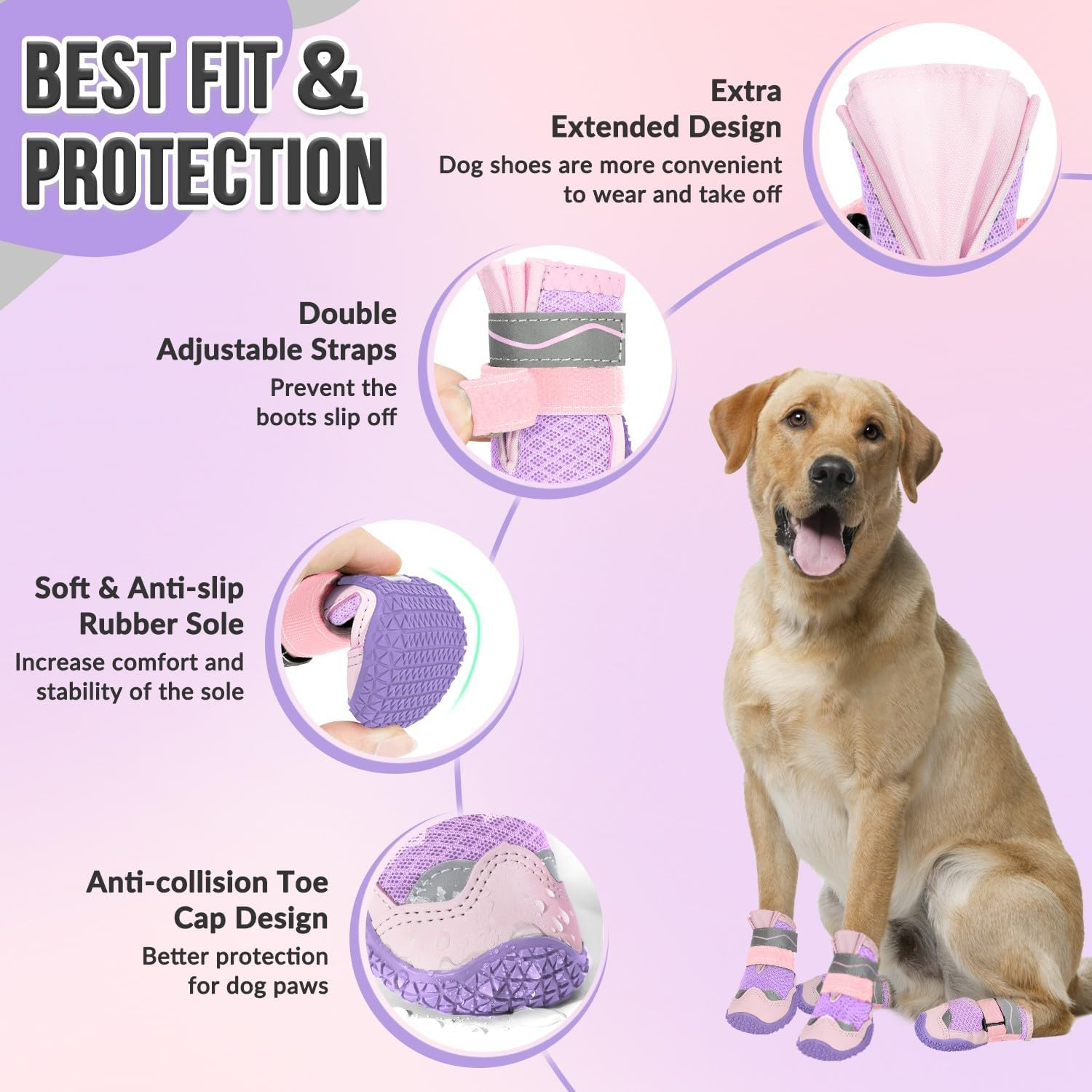Slowton Dog Boots, Breathable Dog Paw Protector, Dual Adjustable & Washable Non-Slip Puppy Shoes with Reflective Strip for Injured Paws, Comfortable Walking Boots for Small Medium Large Puppy image number 5