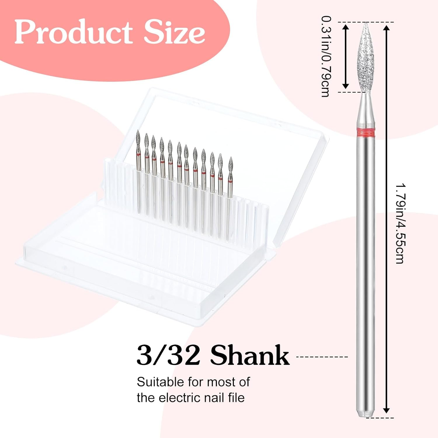 Gjinxi Diamond Flame Cuticle Drill Bits Set 12Pcs Cuticle Nail Drill Bit 3/32'' Professional Nail Bits Kit for Clean Dead Skin Manicure Pedicure, Acrylic Gel Nails, Salon Home Nails Care Tools