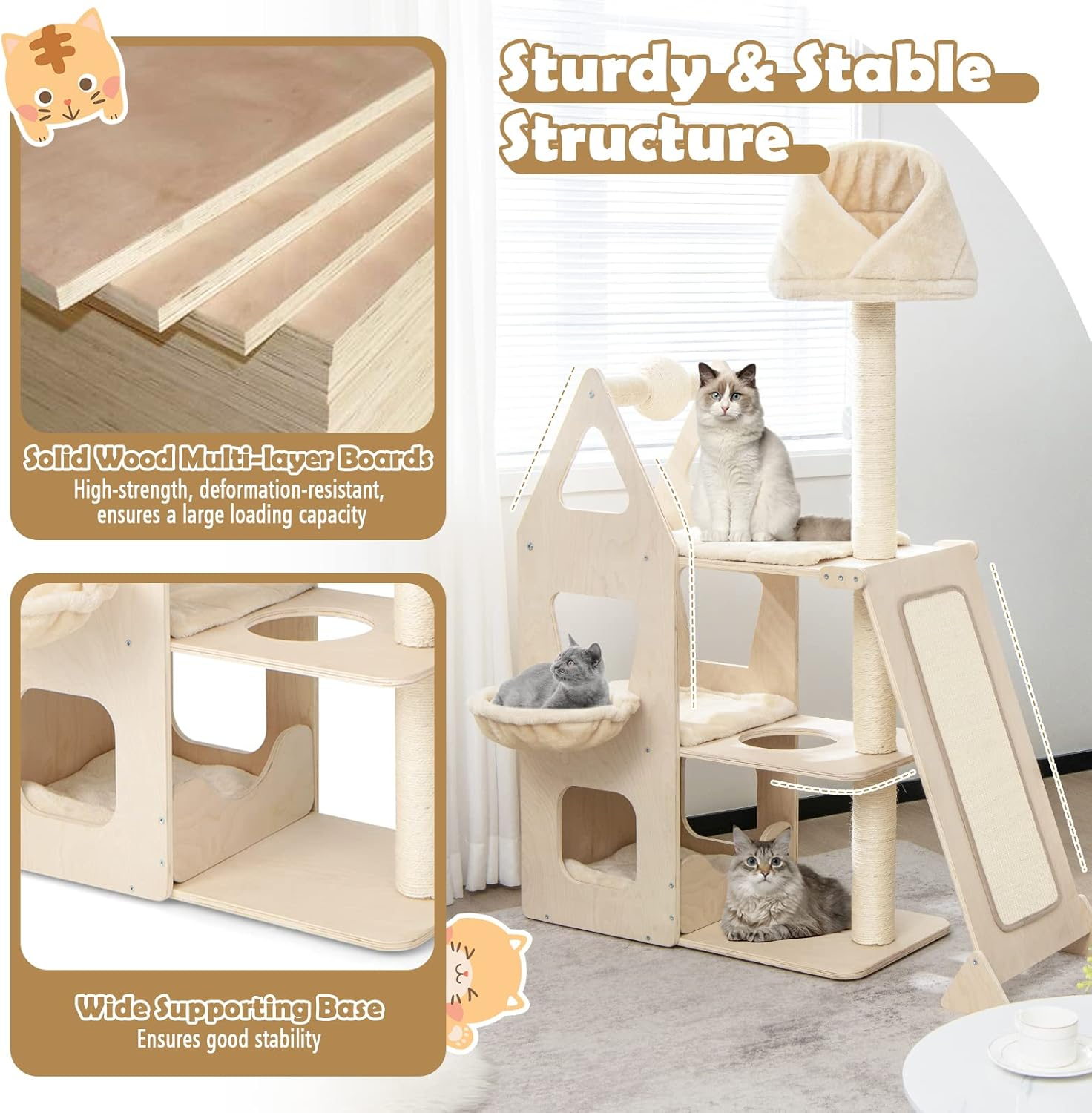 Costway Multi-Level Wood Cat Tree, Cat Tower with Sisal Scratching Post, Ball & Board, Plush Condo, Platforms, Padded Perch, Cozy Hammock, Kitten Condo Furniture for Rest & Fun, Beige image number 4
