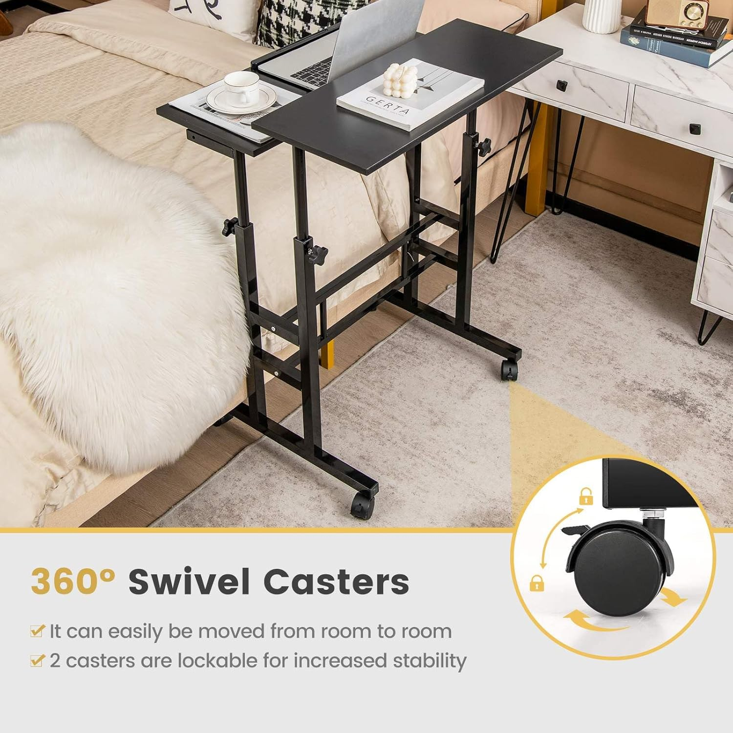 Costway Mobile Standing Desk, Laptop Cart W/Flip-Over Desktop, Portable Stand up Desk, Overbed Table W/Wheels, Computer Desk for Standing or Sitting, Height Adjustable Workstation for Home & Office image number 5