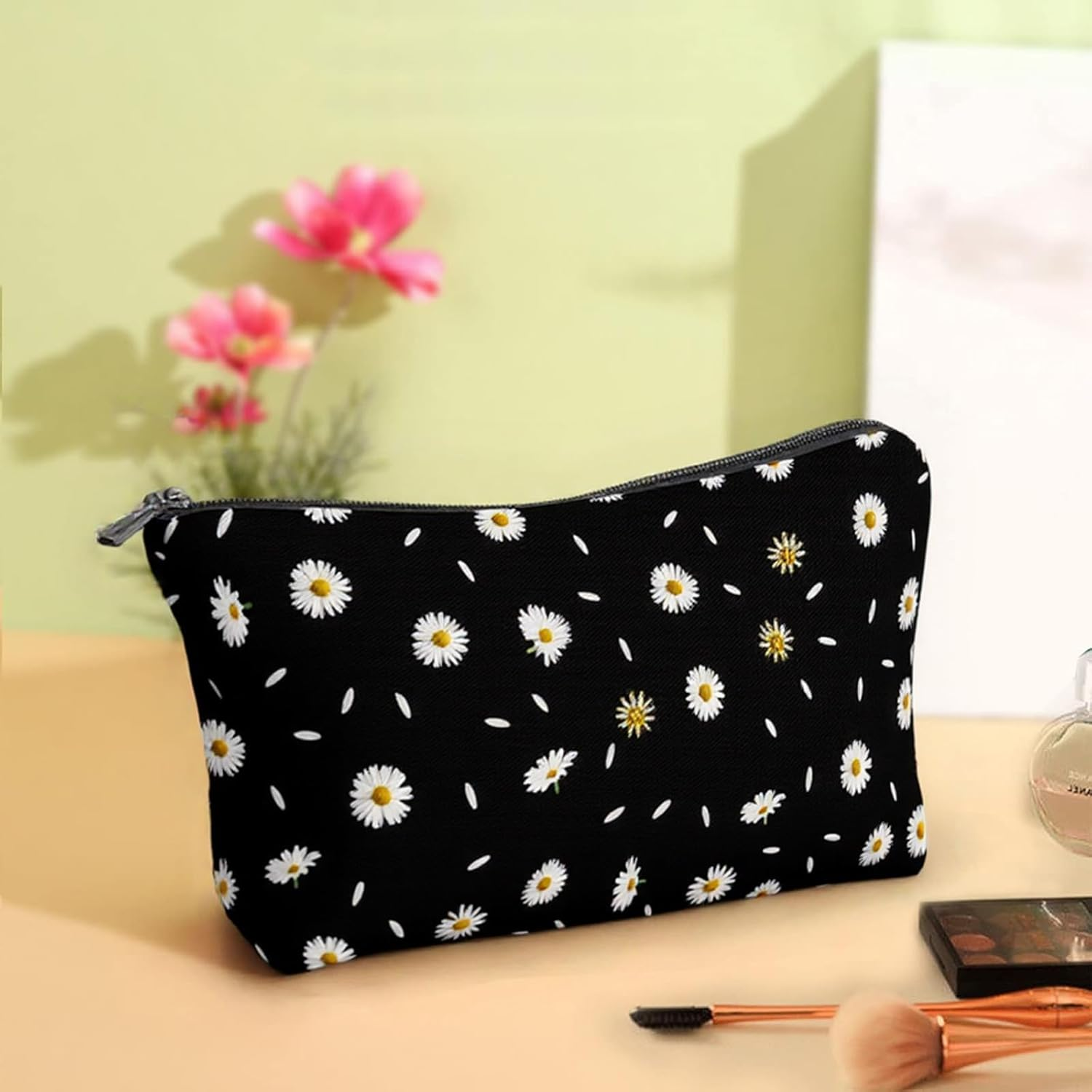 Travel Cosmetic Bag, Mini Travel Toiletry Bag Organizer for Purse Portable Zipper Make up Pouch Small Cosmetic Case, Travel Cute Purse Case for Women (Daisies) - Leopard Print image number 4