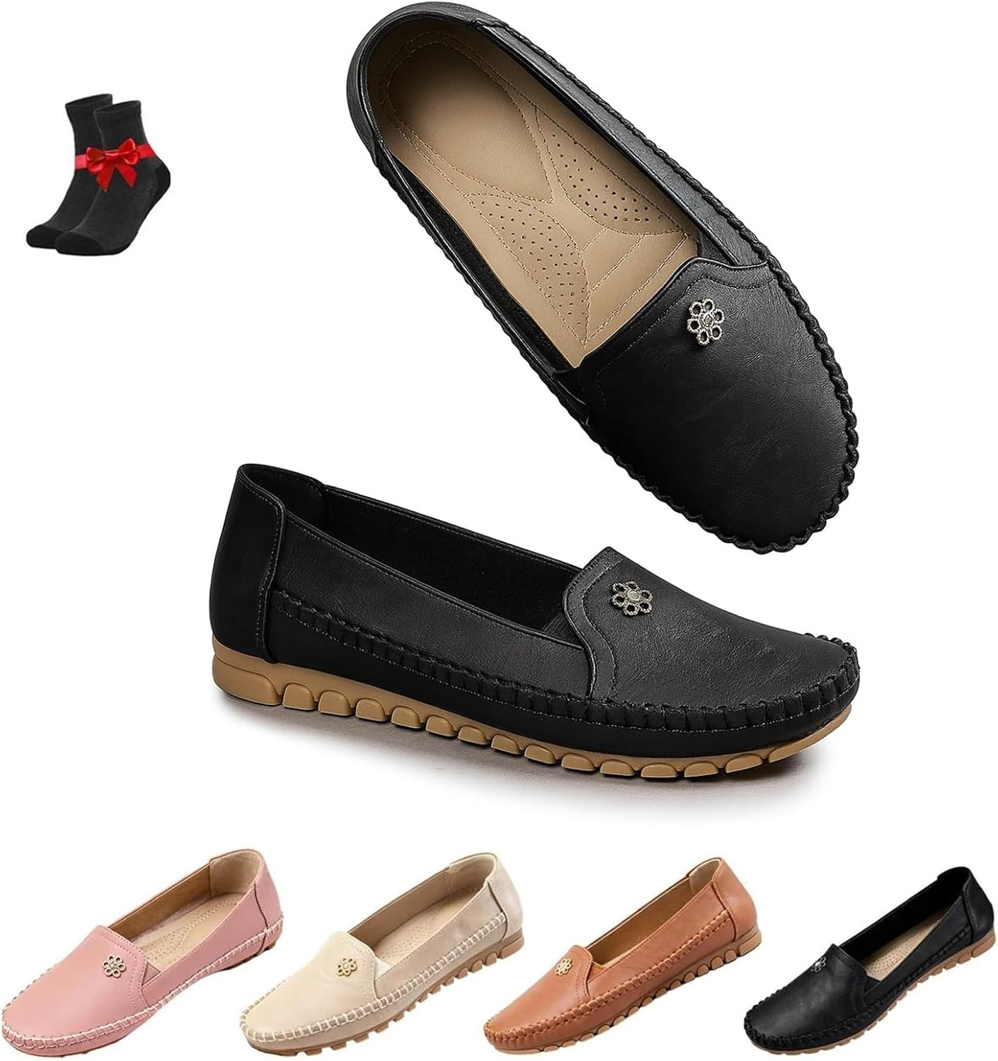 Orthopedic Leather Shoes，Womens Slip-On Walking Flats Loafers Business Casual Shoes for Work Driving