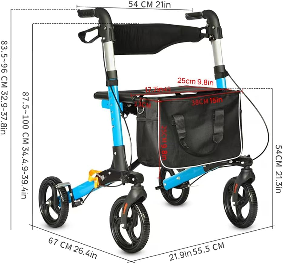 Aluminium Rollator Mobility Walker 4 Wheel Foldable Mobility Walker Mobility Aid with Storage Bag Adjustable Backrest Handles, 120Kg Capacity, Blue (Upgraded Blue) image number 3