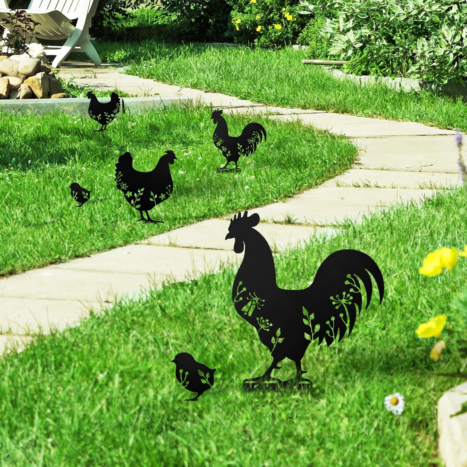 KOLYMAX 3 PCS Metal Chicken Yard Art Garden Decorative Stake Hollow Out Animals Silhouette Statue Decor, Chickens Family Silhouette Sets for Pathway, Floor, Garden, Lawn, Outdoor Decoration image number 6