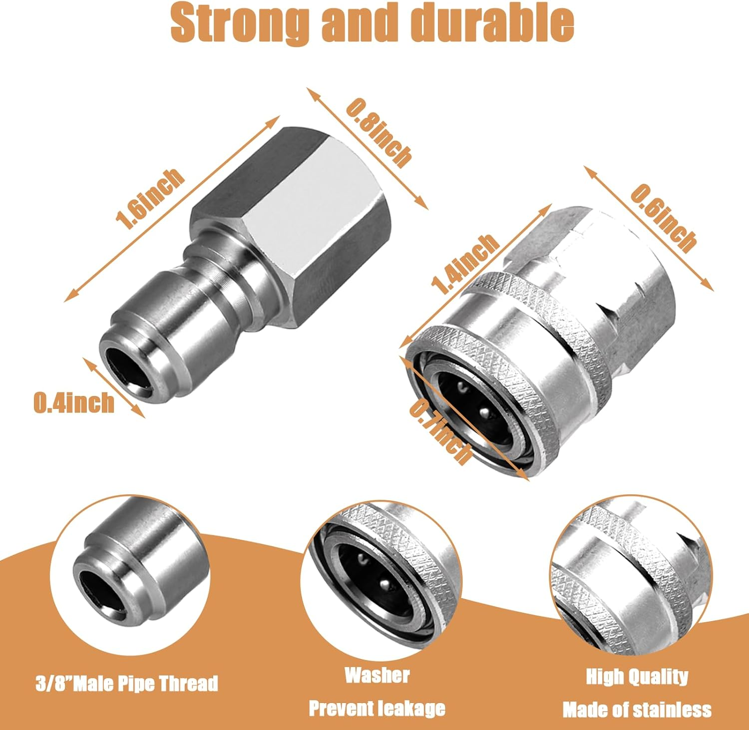 4 Sets NPT 3/8 Inch Pressure Washer Coupler Quick Connect Plug Stainless Steel Male and Female Quick Connect Fittings Pressure Washer Adapter Set (Internal Thread, External Thread) image number 6