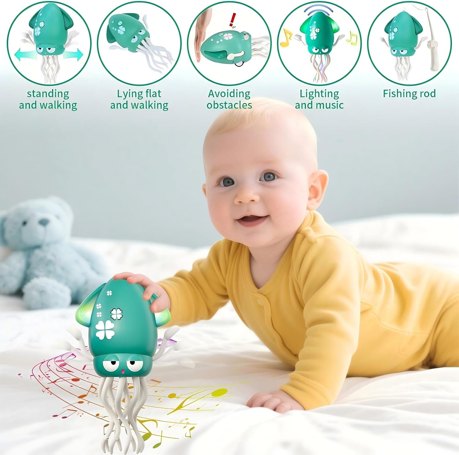 Dancing Octopus Toy, USB Rechargeable Magic Dancing Squid, Electric Crawling Musical Baby Toy with LED Lights & Music, Perfect Christmas Birthday G IFT for Infants Kids 3+ (Green) - Dancing Squid Green image number 4