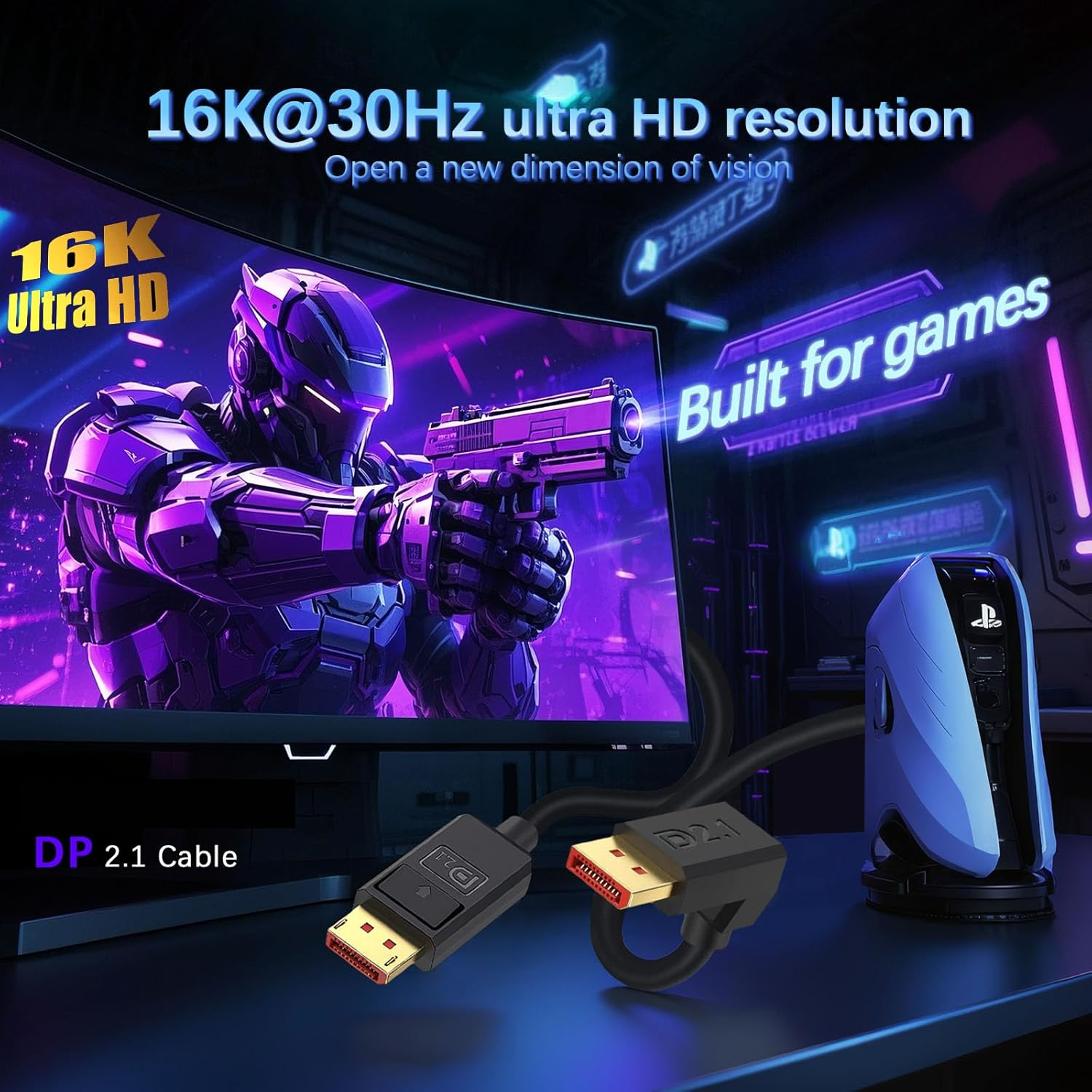 Duttek 16K Displayport 2.1 Cable 50Cm, DP2.1 Male to Male Cable 40Gbps Video Displayport Cable Support 16K@30Hz, 8K@120Hz, 4K@240Hz, HDR, HDCP2.2, ARC for Gaming Monitor (Down Angle) image number 2