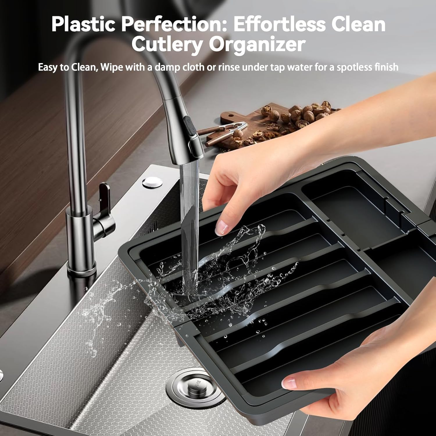 Cutlery Drawer Organiser with 8 Compartments Expandable Kitchen Drawer Organizer, Adjustable Utensil Holder, Cutlery Tray Drawer Dividers for Kitchen Flatwarefor Silverware, Flatware, Knives image number 4