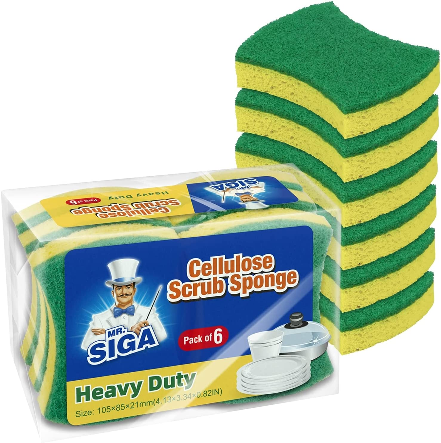 MR.SIGA Non-Scratch Cellulose Scrub Sponge, Dual-Sided Dishwashing Sponge for Kitchen, 12 Pack