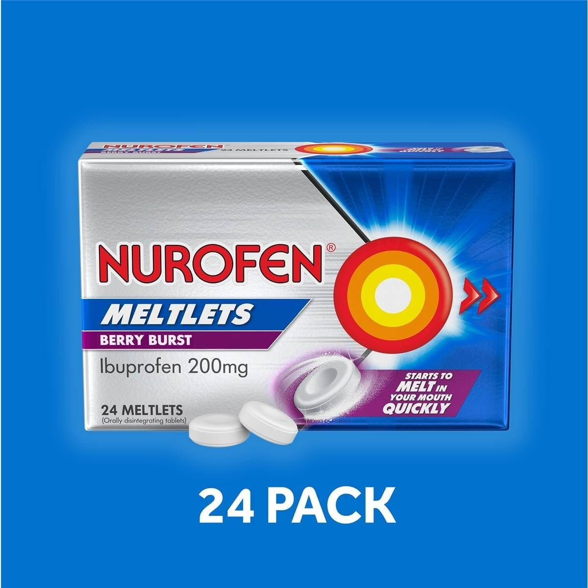 Nurofen Meltlets Pain Relief Berry Burst 200Mg Ibuprofen 24 Pack, Blue image number 1