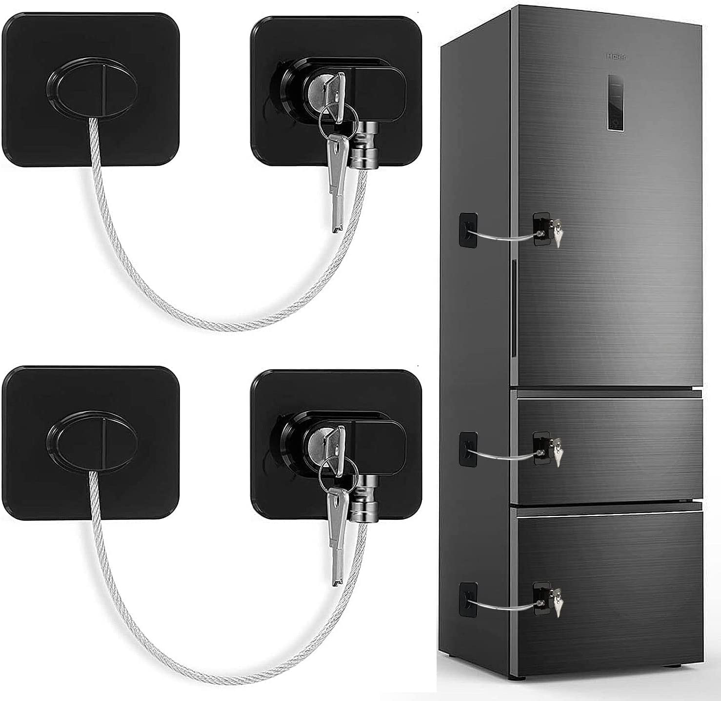 Benran 2 Pack Fridge Locks for Children Adults, Strong Adhesive Baby Safety Refrigerator Lock with Key Cupboard Door Locks Keep Kids Safe from Windows Kitchen Cabinets Drawer (Black) image number 6
