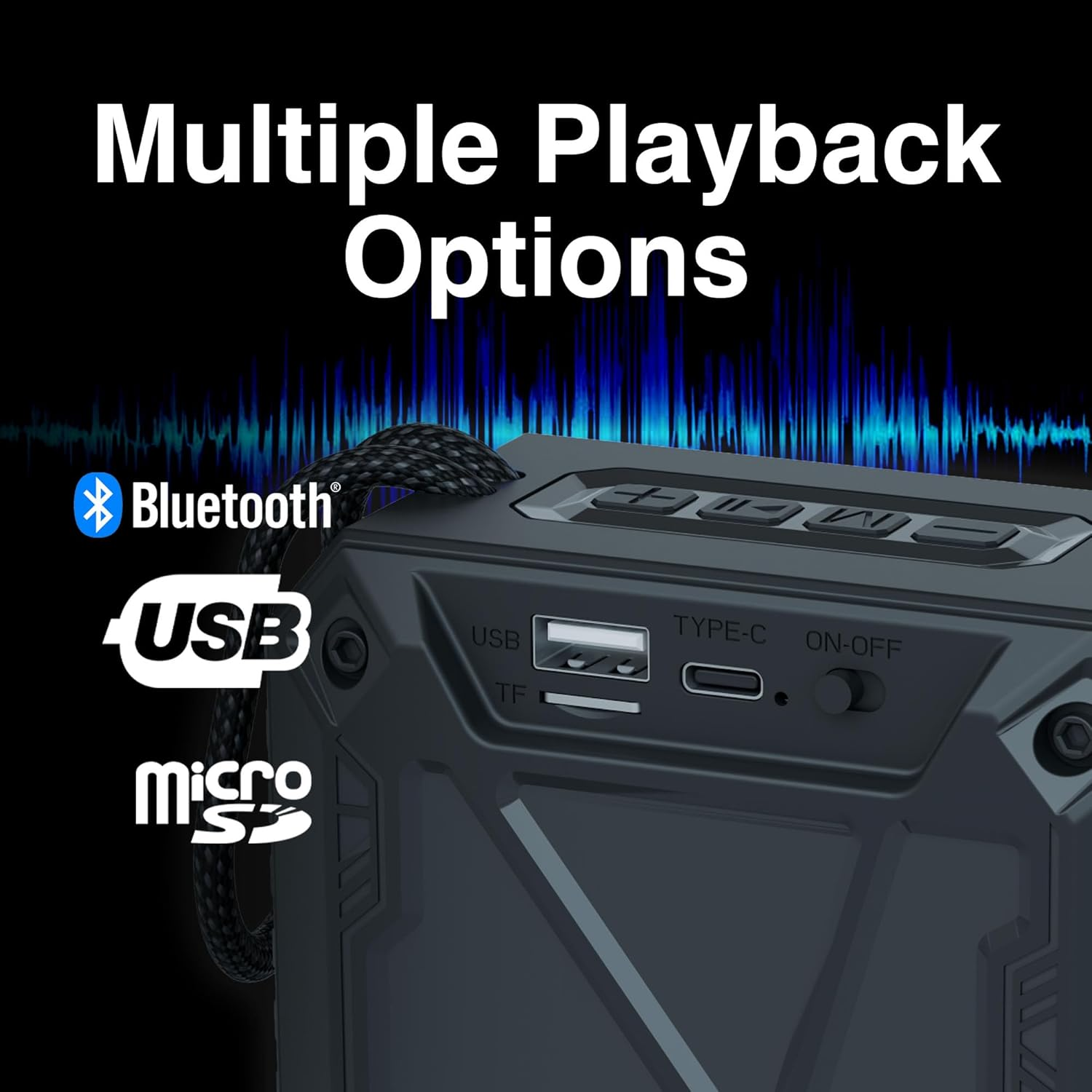 Laser Black Portable Bluetooth Speaker with 800Mah Battery, USB C Charging - Supports TWS Pairing, USB and Microsd Inputs - Travel Outdoor Speaker for PC, Smartphones, Laptops, Tablets image number 5