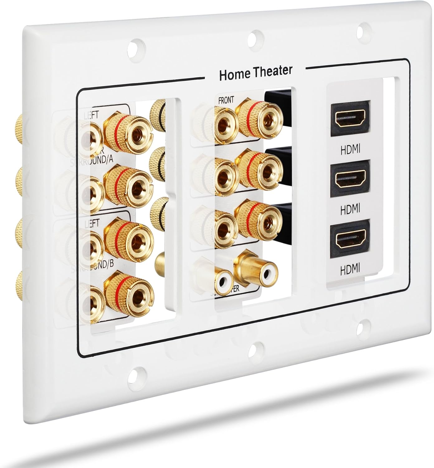 Fosmon 3-Gang 7.2 Surround Sound Distribution Wall Plate, Home Theater Gold Plated Copper Banana Binding Post Coupler Type Wall Plate for 7 Speakers, 2 RCA Jacks for Subwoofers and 3 HDMI Ports